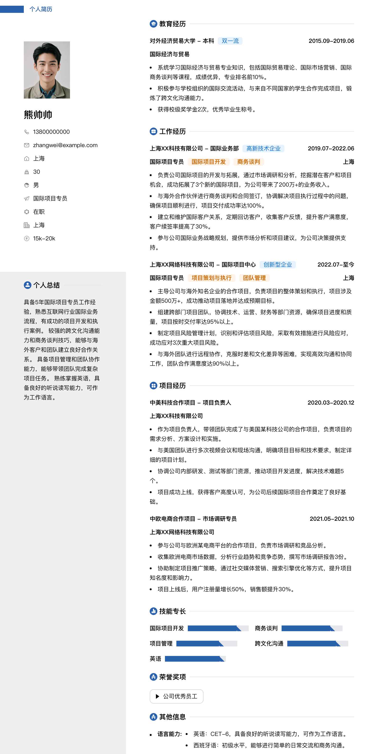 国际项目专员简历模板