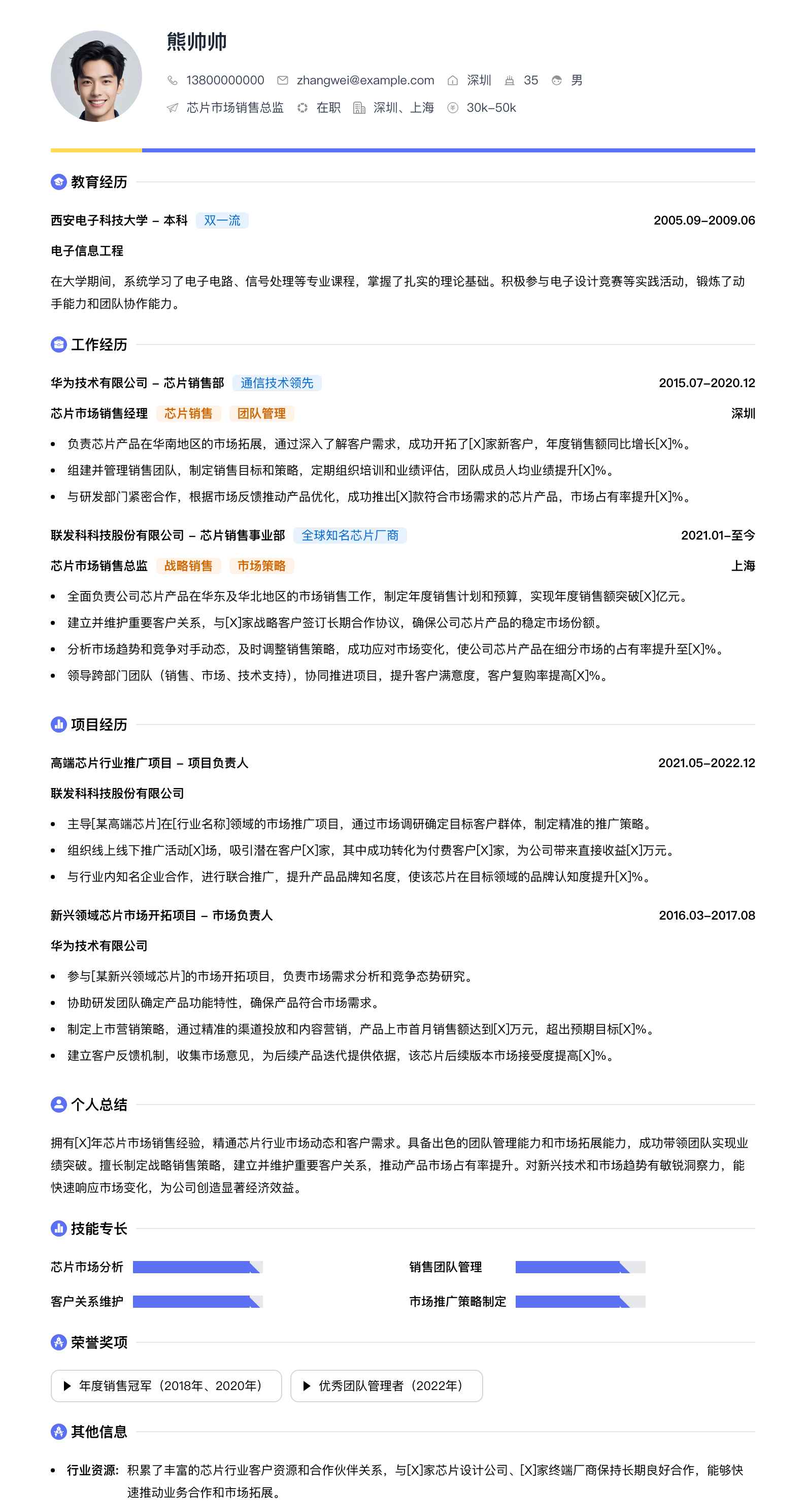 芯片市场销售总监简历模板