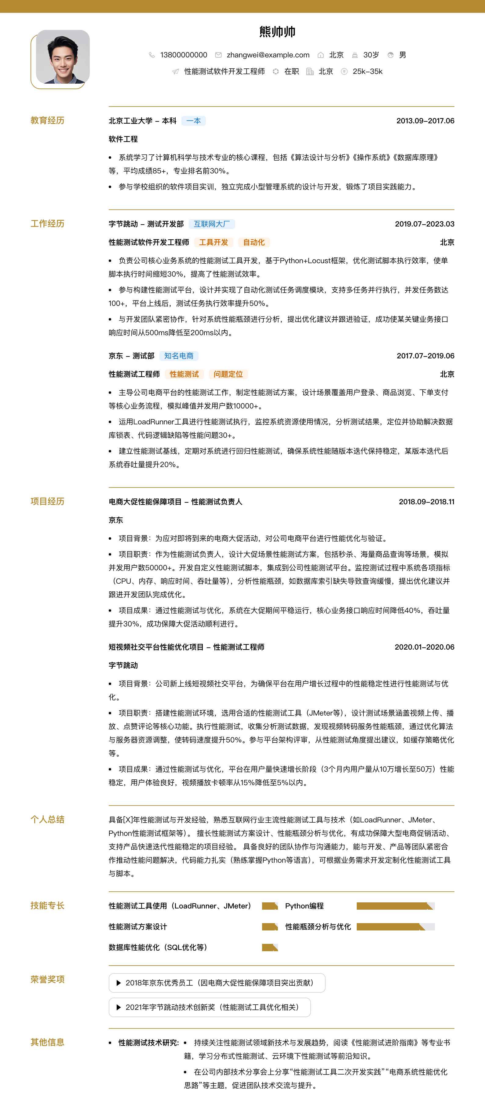 性能测试软件开发工程师简历模板
