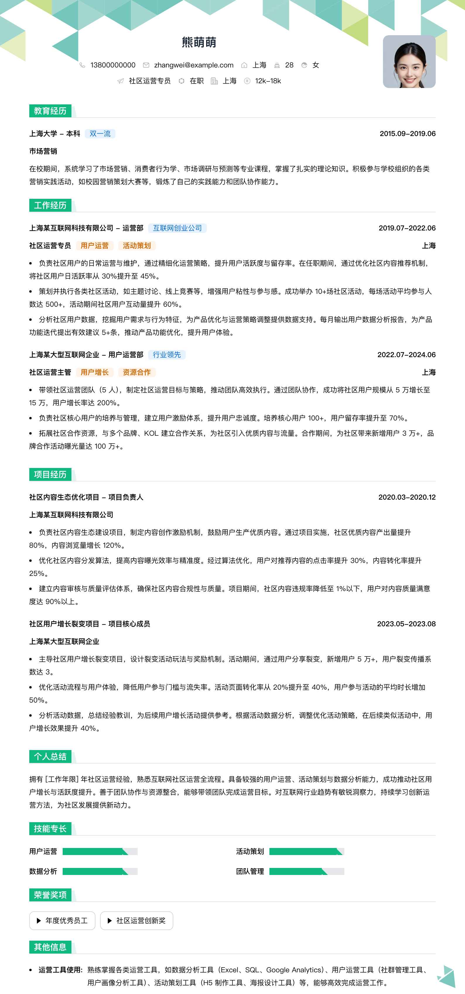 社区运营专员简历模板