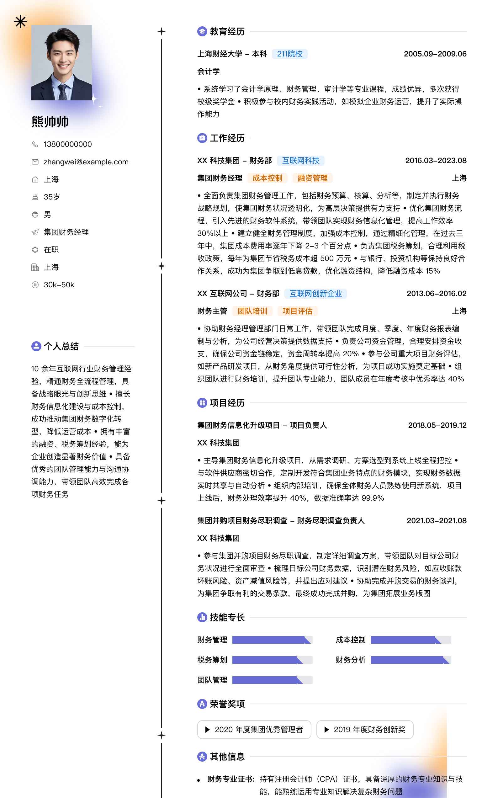 集团财务经理简历模板