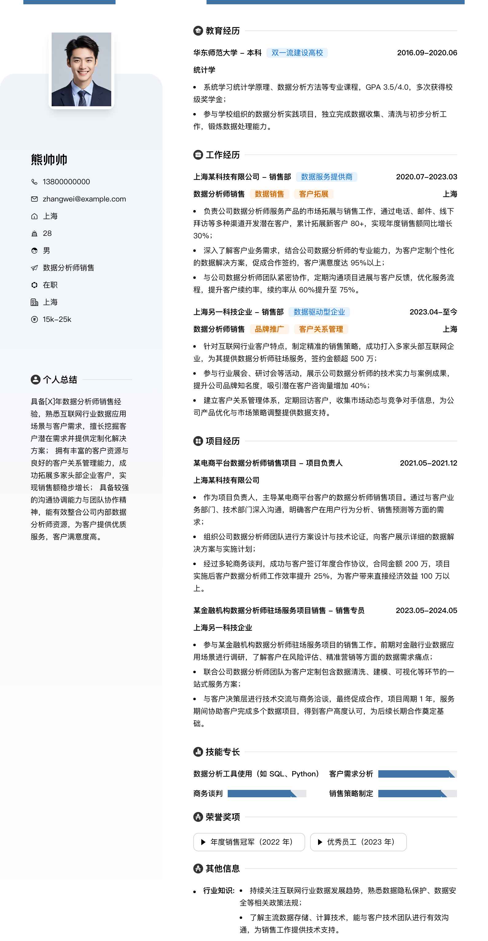 数据分析师销售简历模板