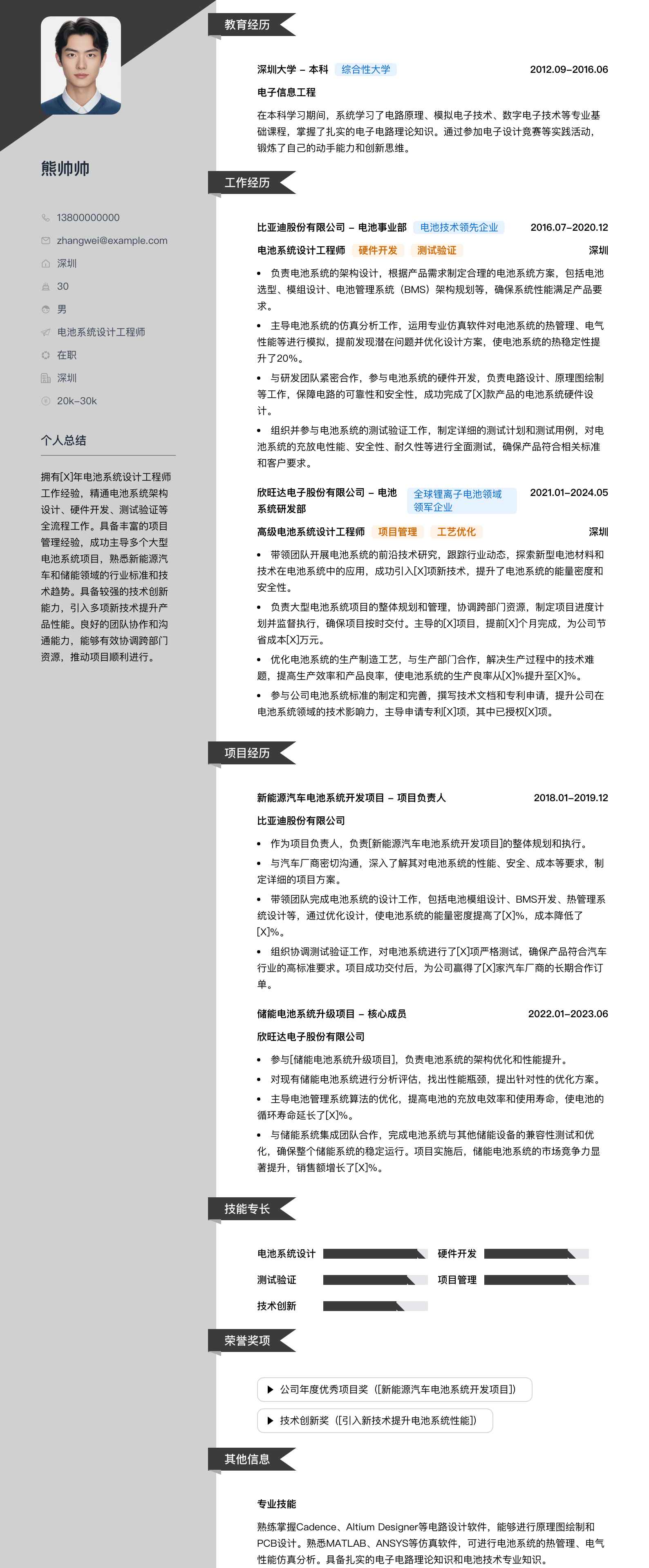 电池系统设计工程师简历模板