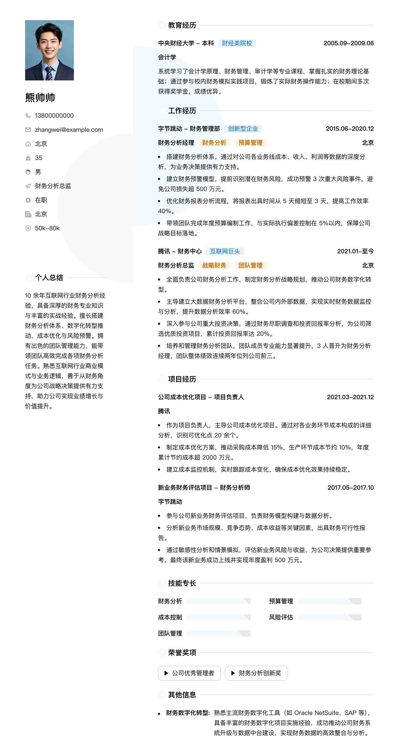 财务分析总监简历模板