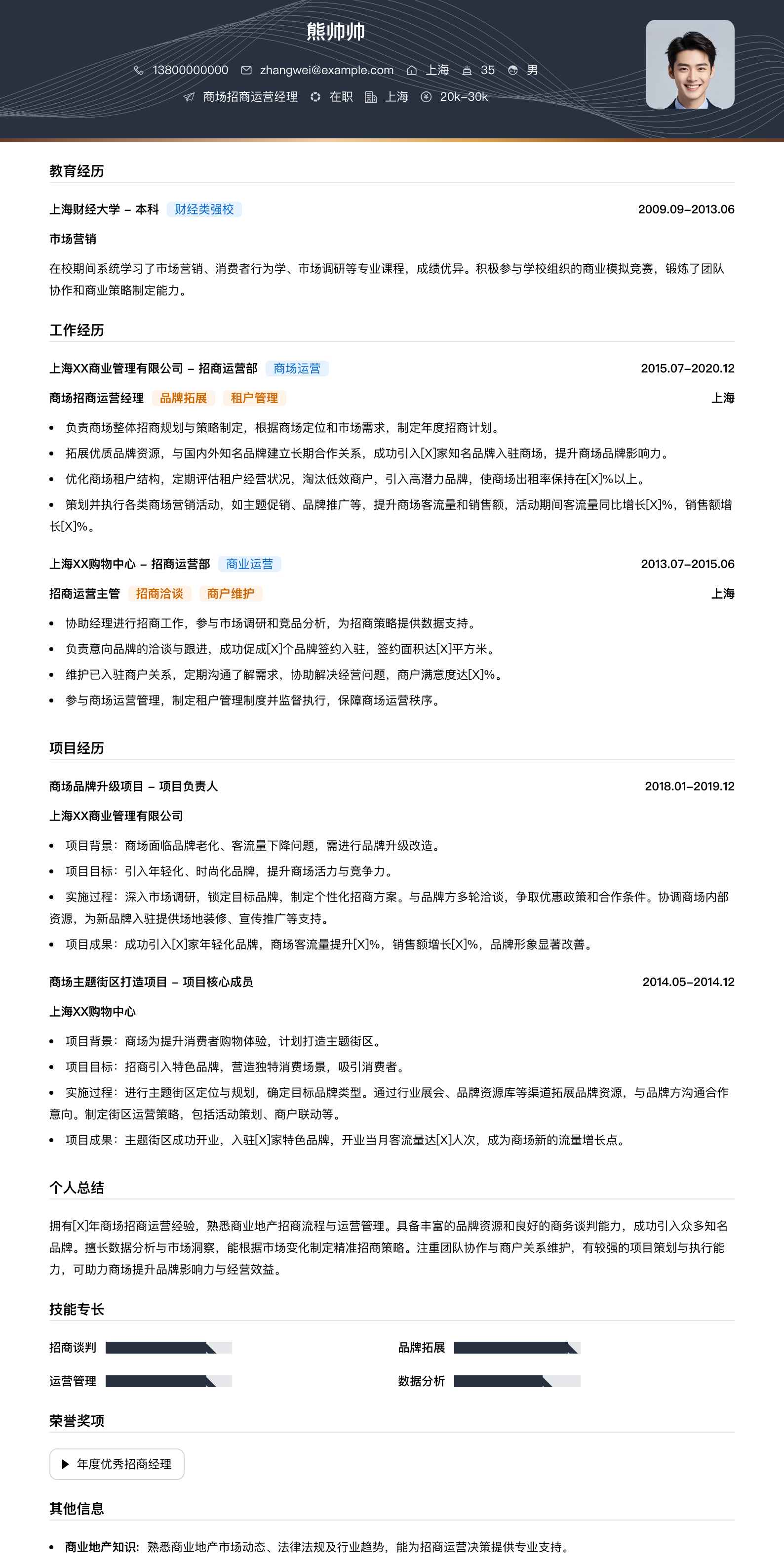 商场招商运营经理简历模板