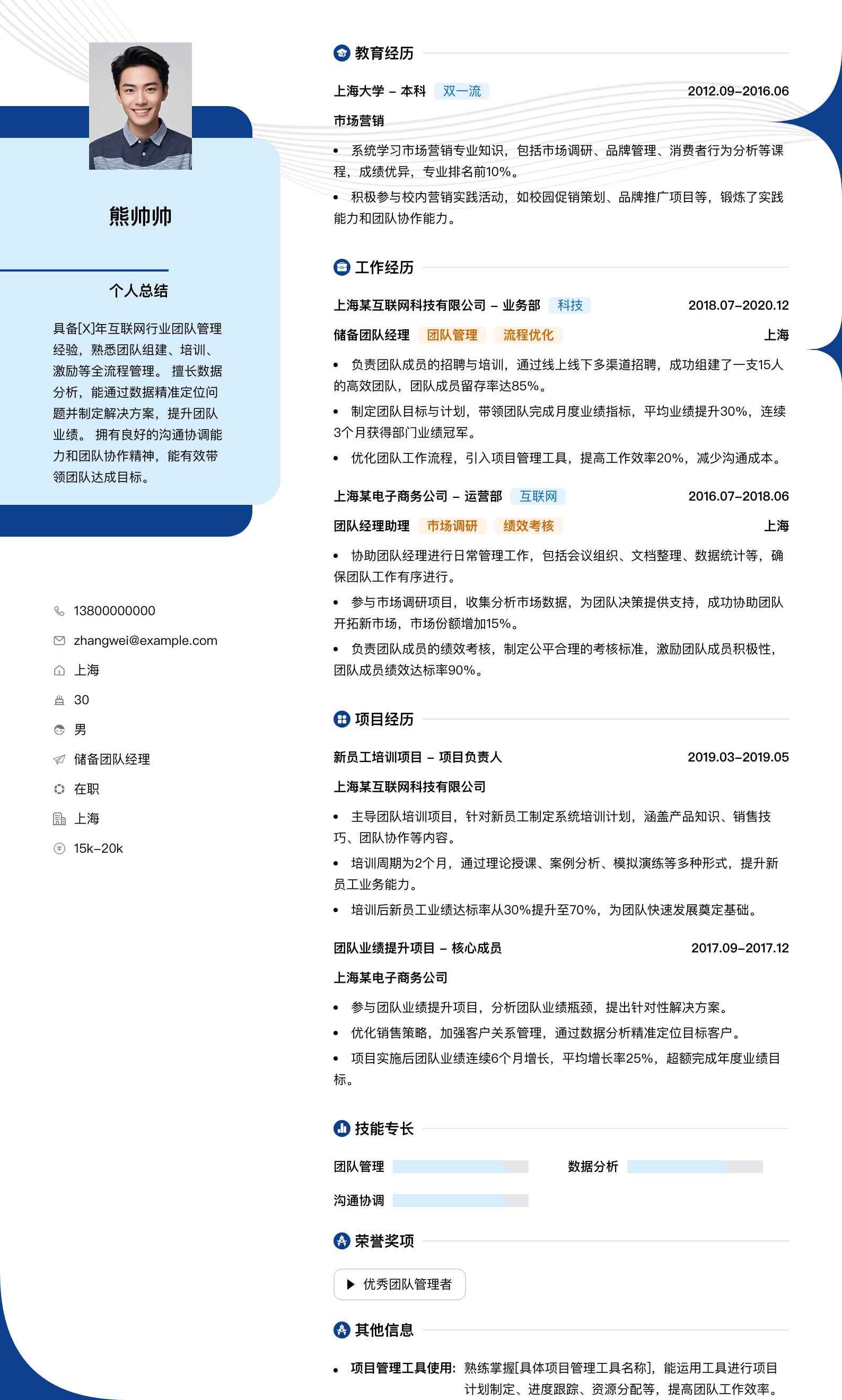 储备团队经理简历模板