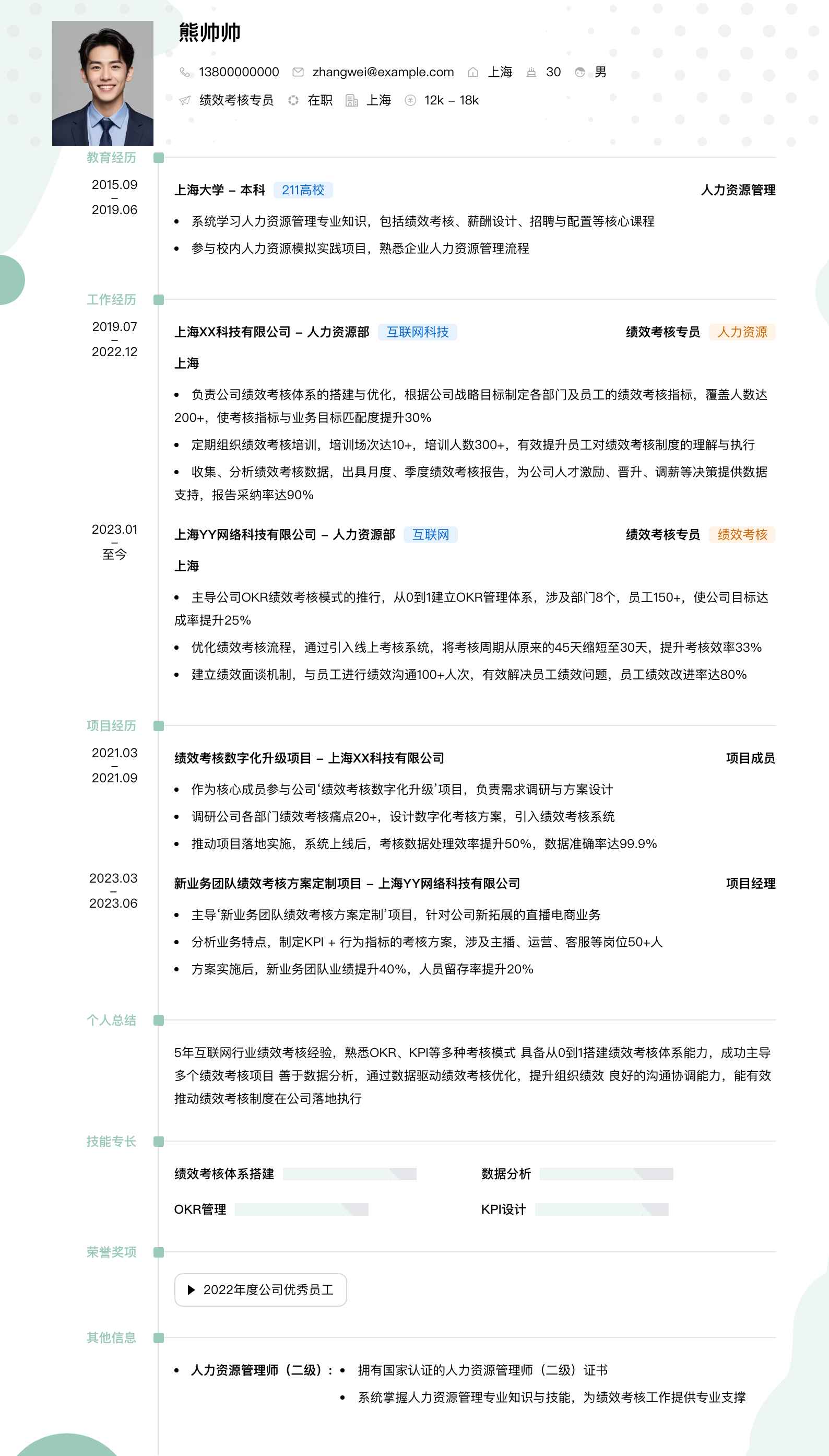 绩效考核专员简历模板