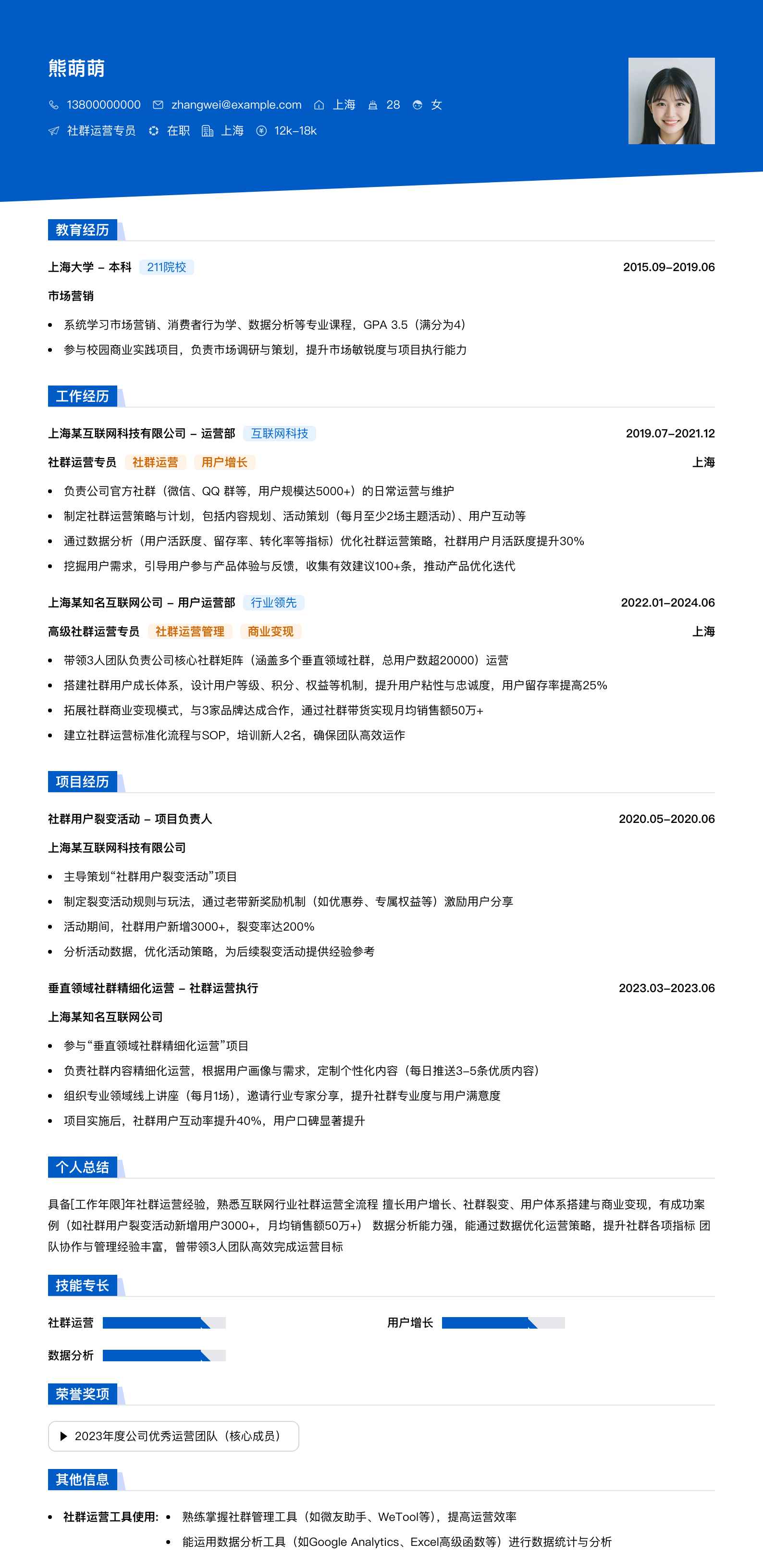 社群运营专员简历模板