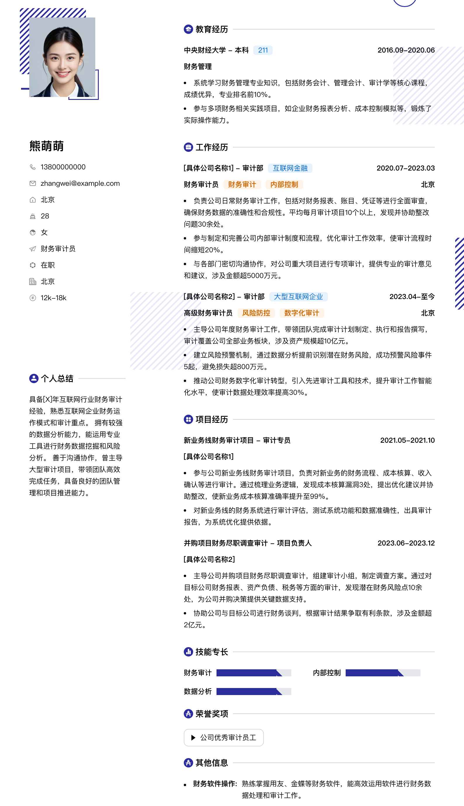 财务审计员简历模板