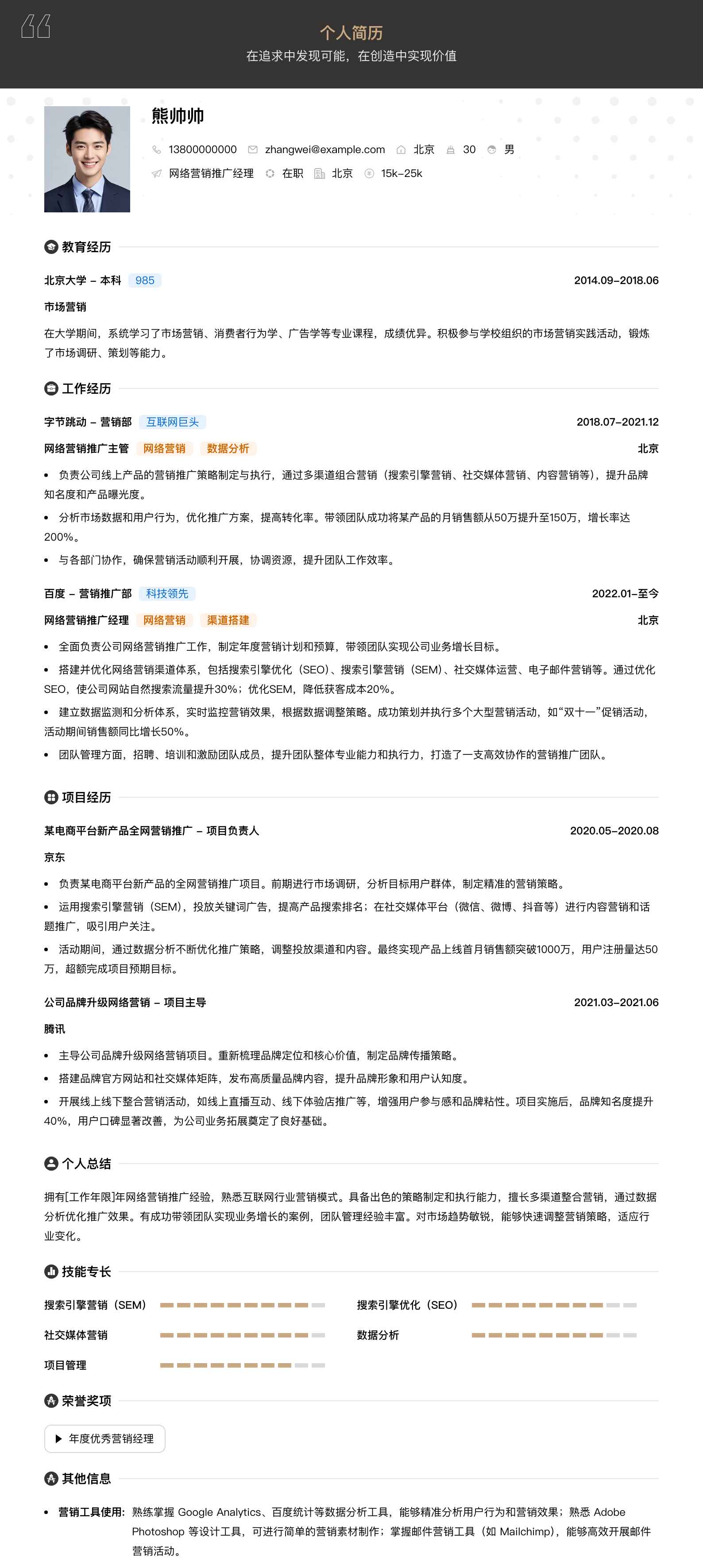 网络营销推广经理简历模板