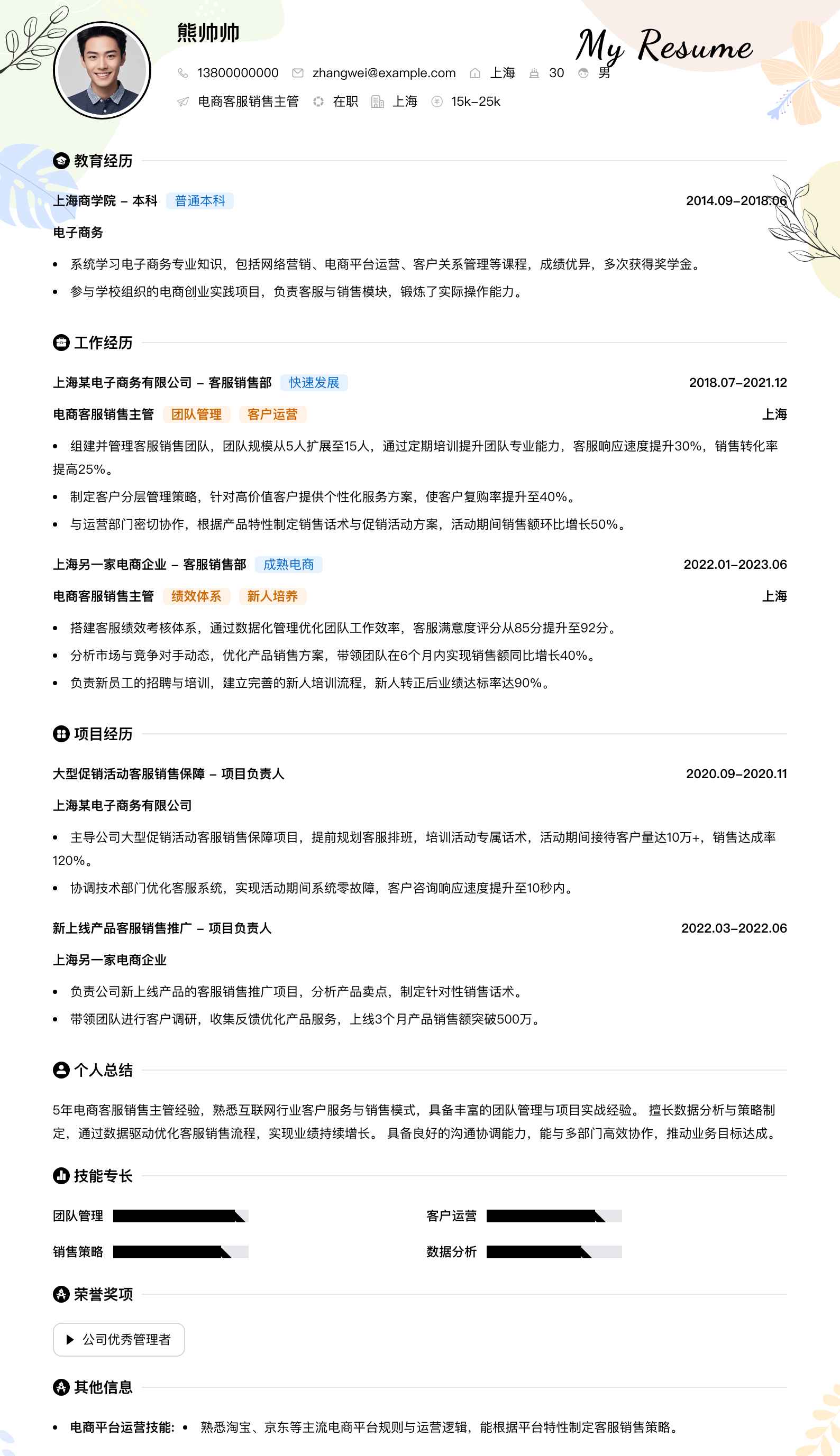 电商客服销售主管简历模板