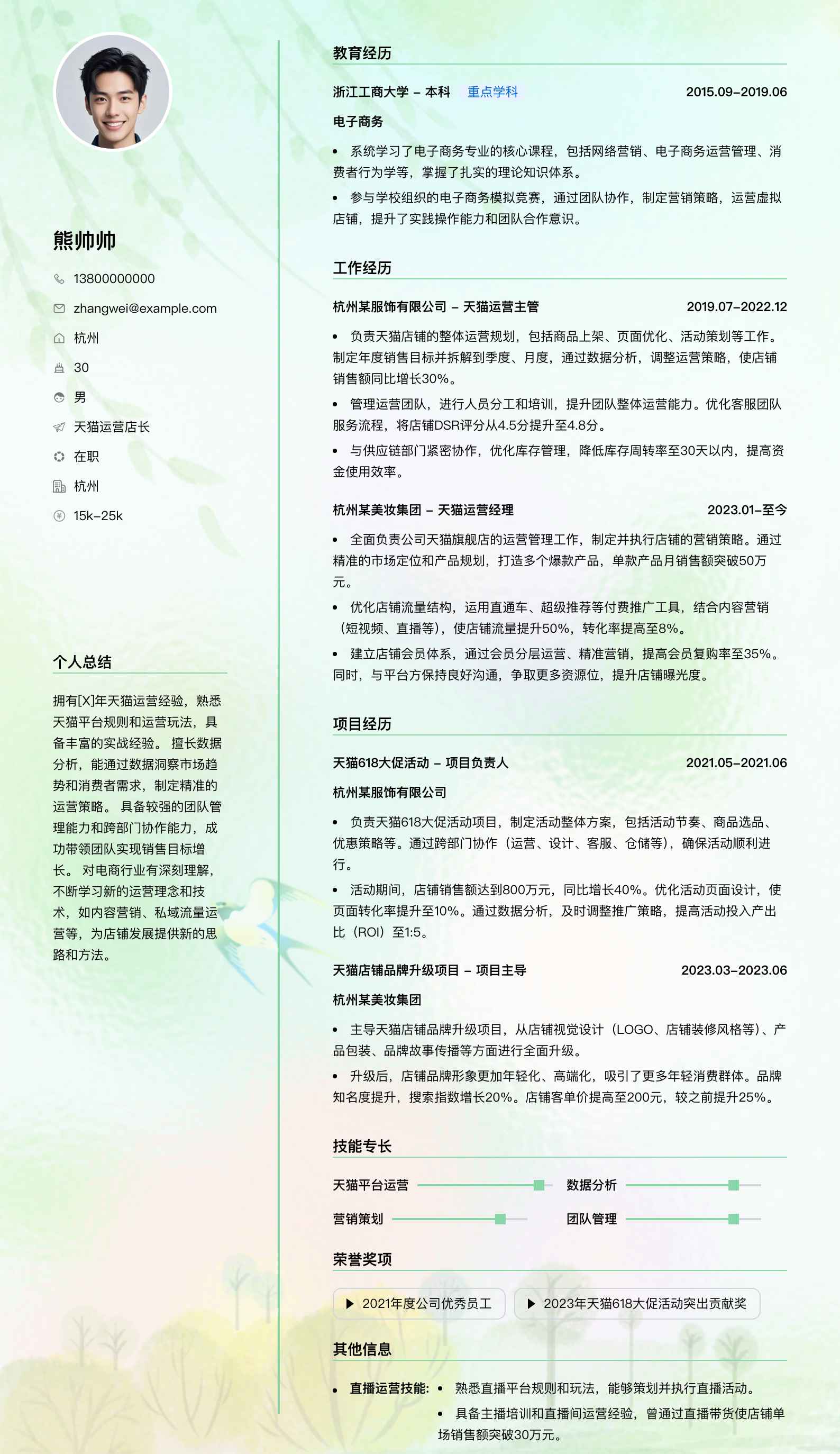 天猫运营店长简历模板