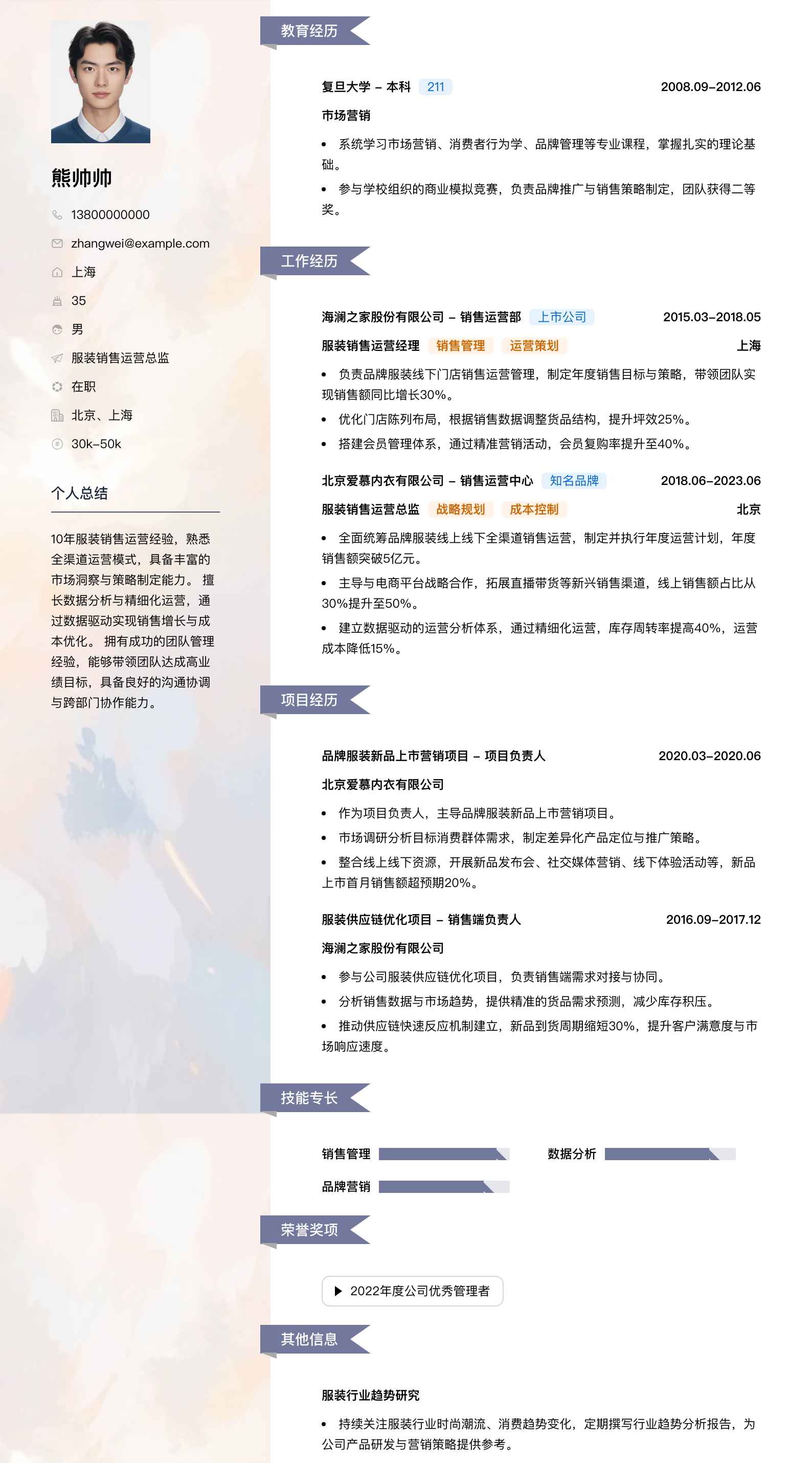 服装销售运营总监简历模板
