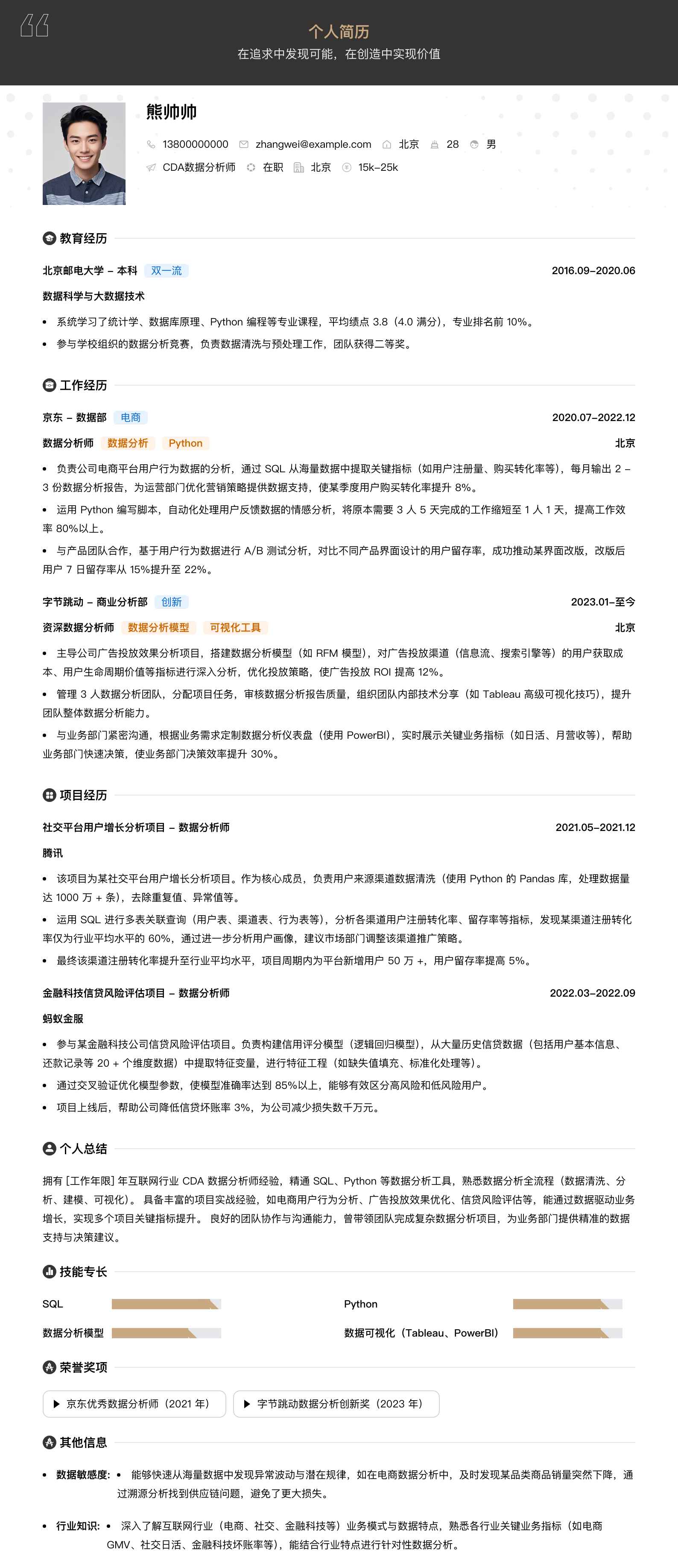cda数据分析师简历模板