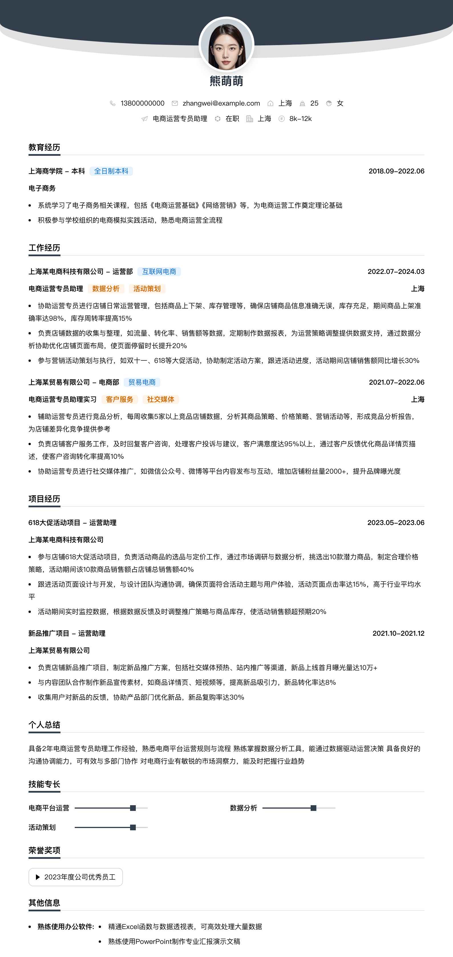 电商运营专员助理简历模板