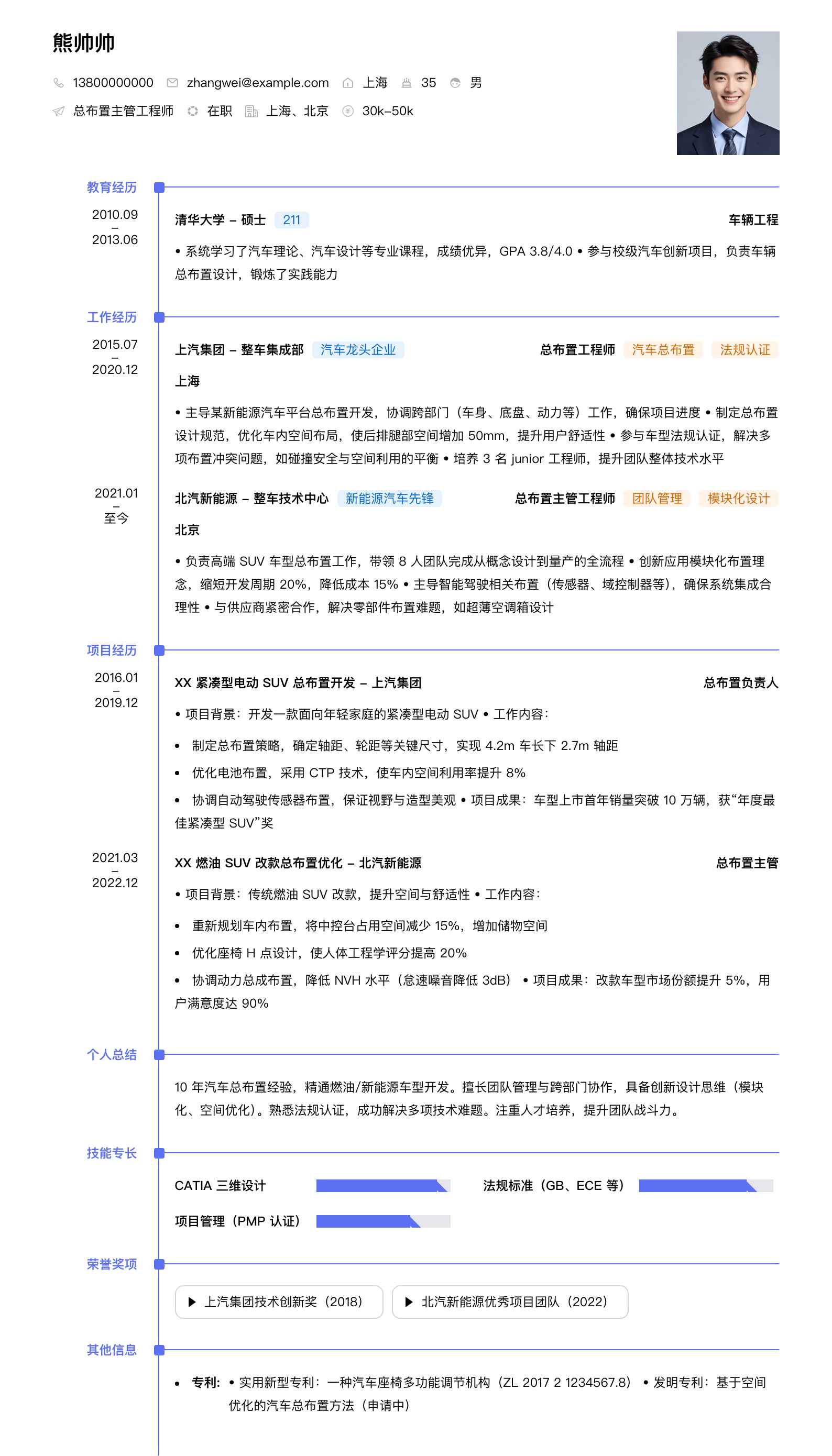 总布置主管工程师简历模板