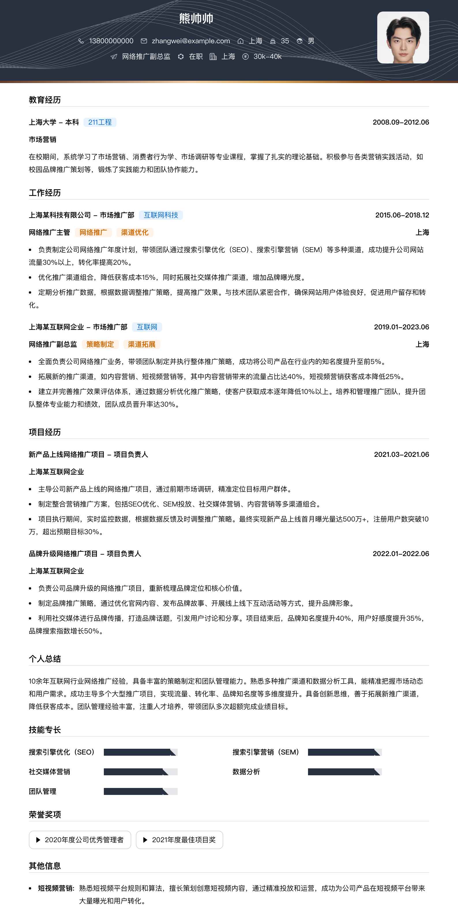 网络推广副总监简历模板