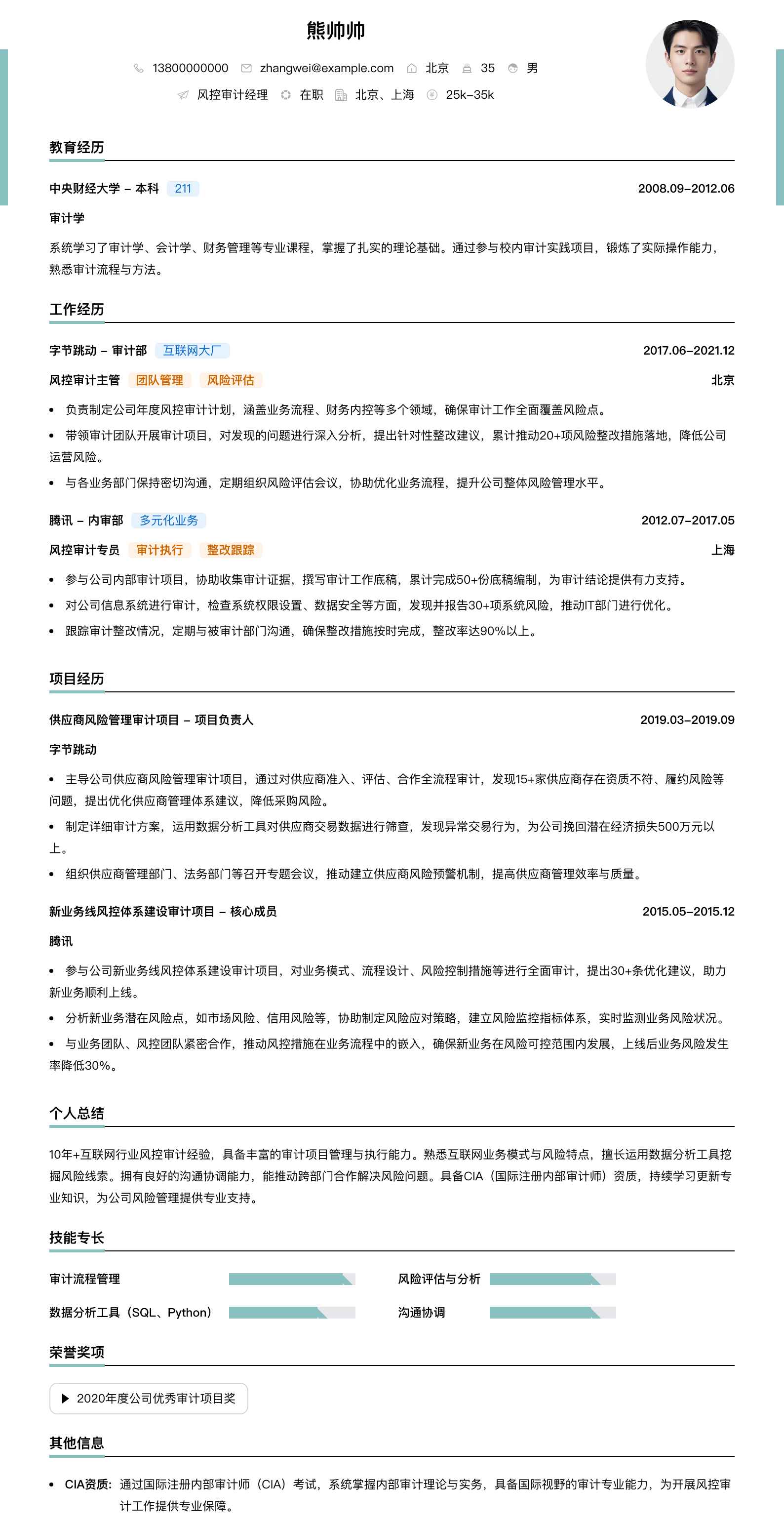 风控审计经理简历模板