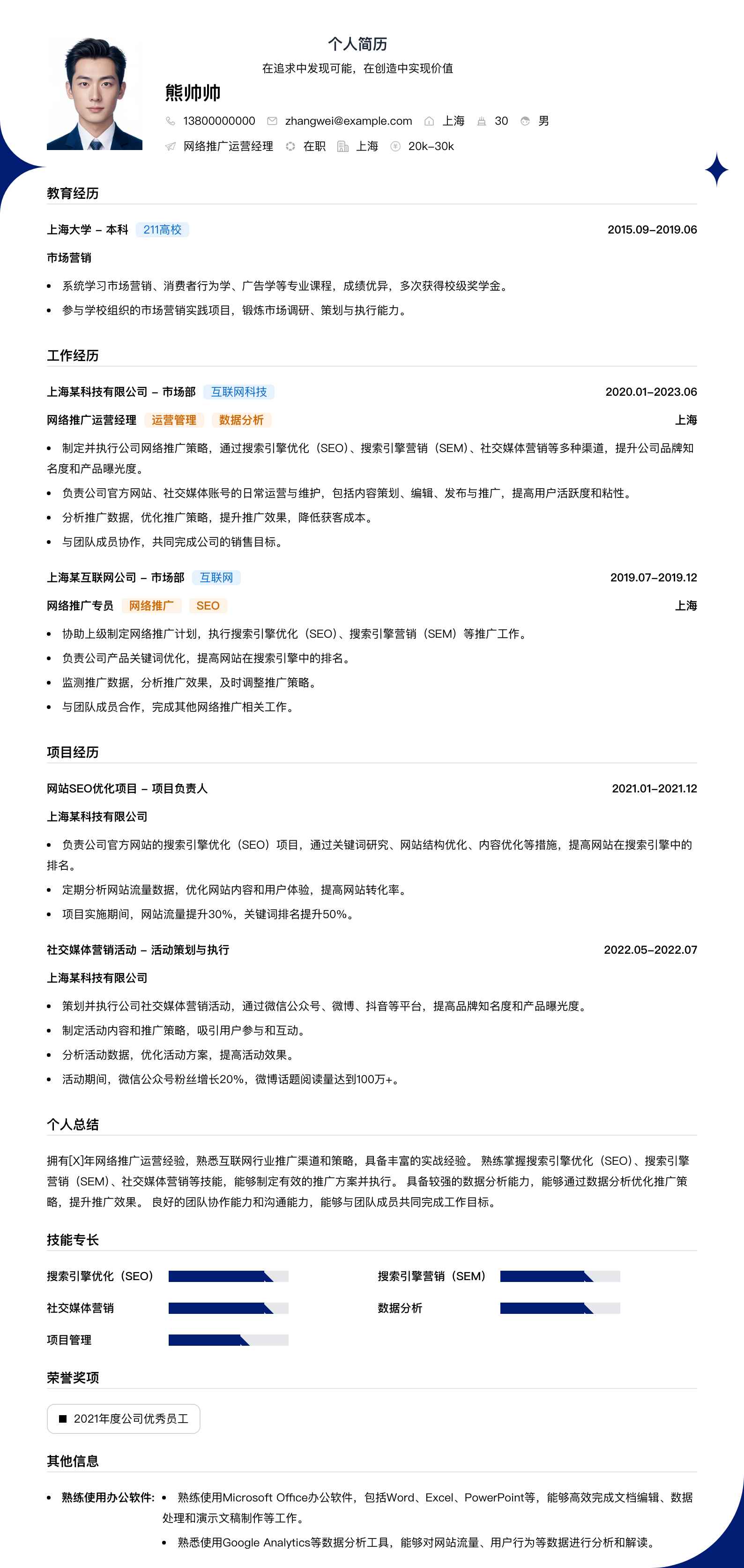 网络推广运营经理简历模板