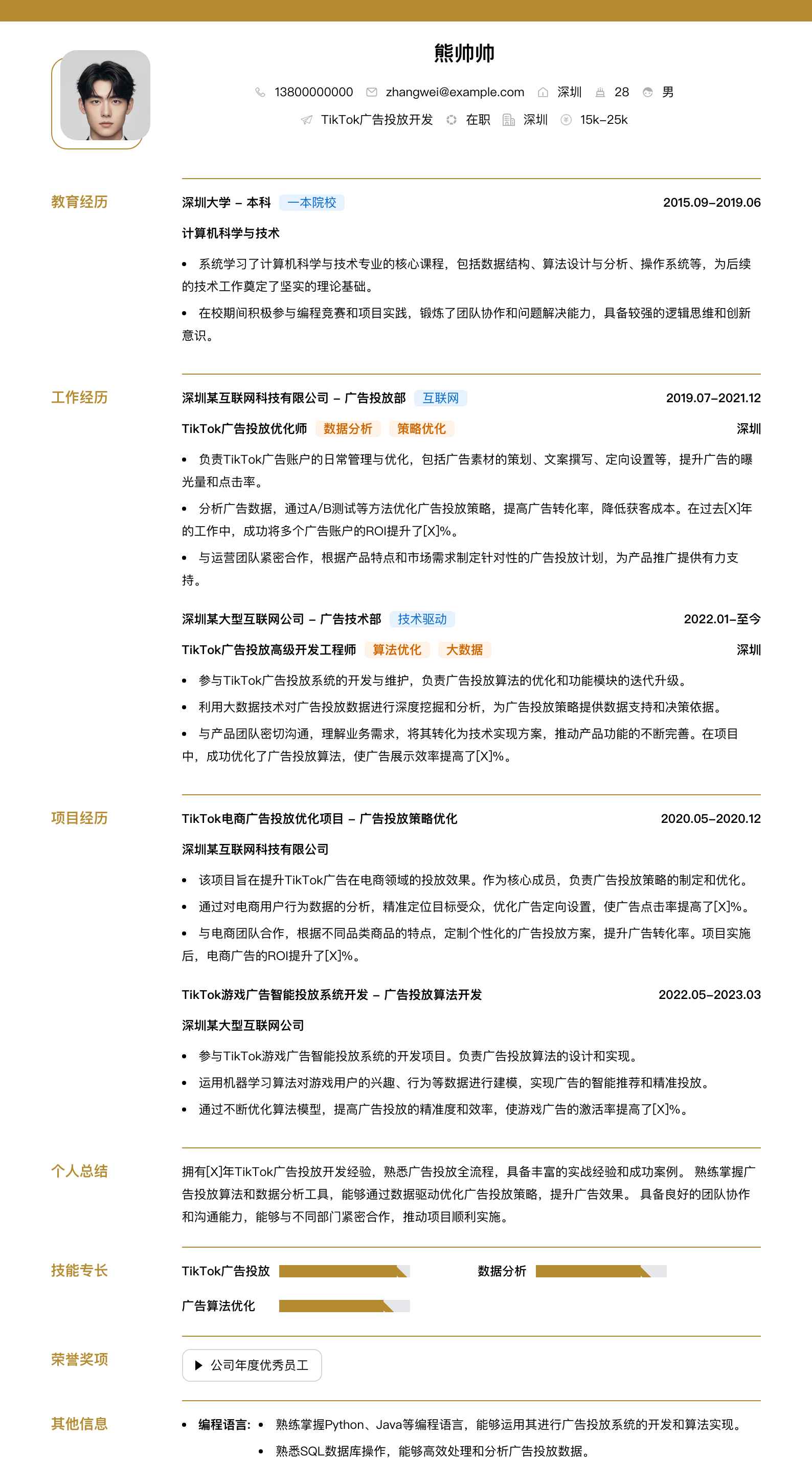 tiktok广告投放简历模板