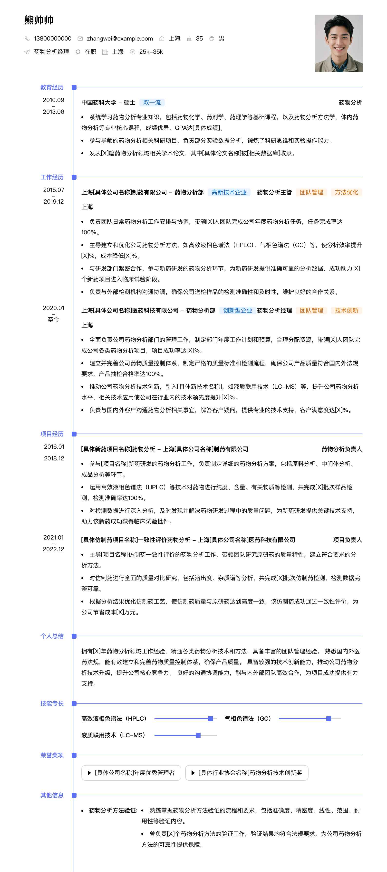 药物分析经理简历模板