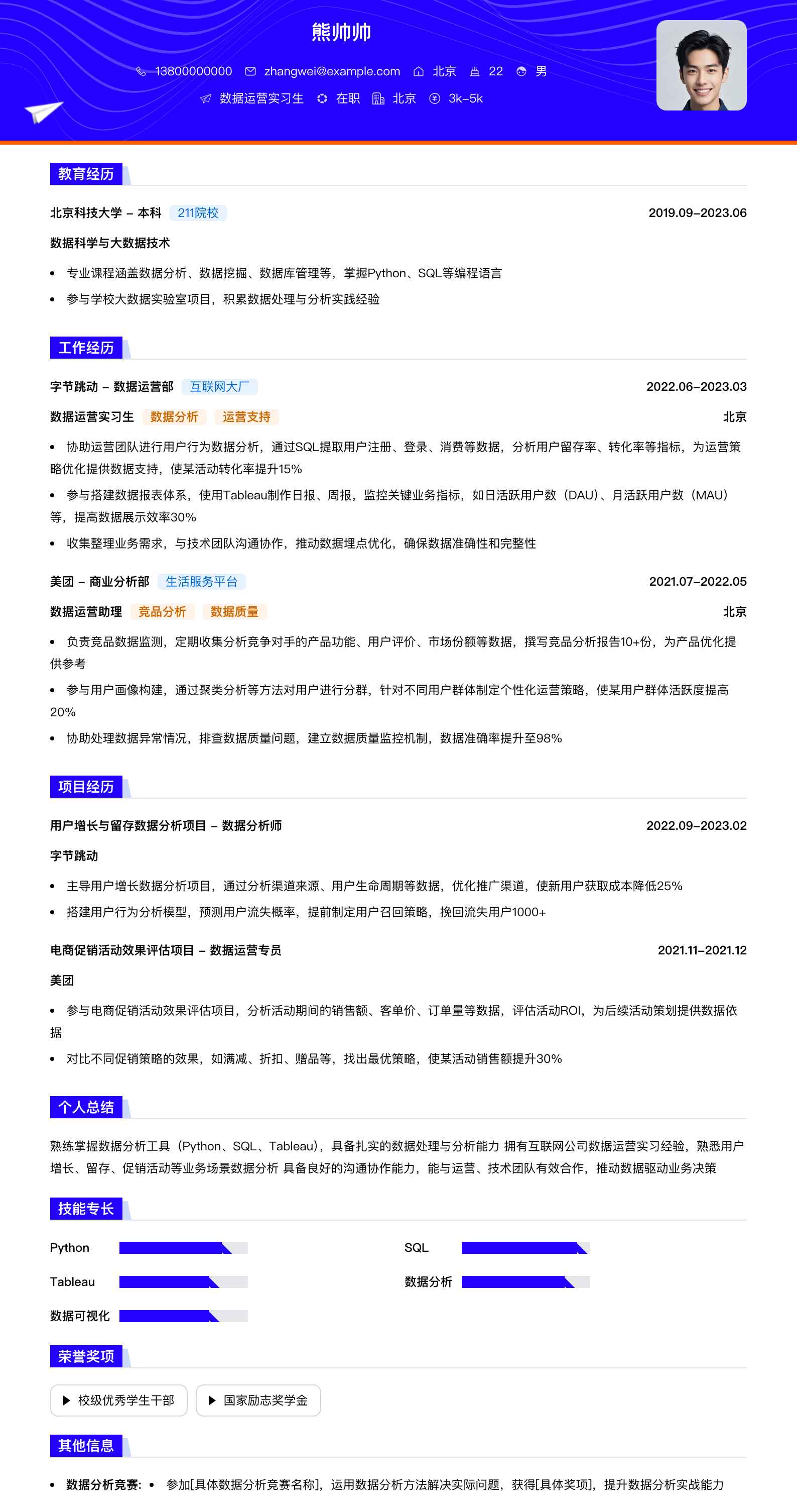 数据运营实习生简历模板