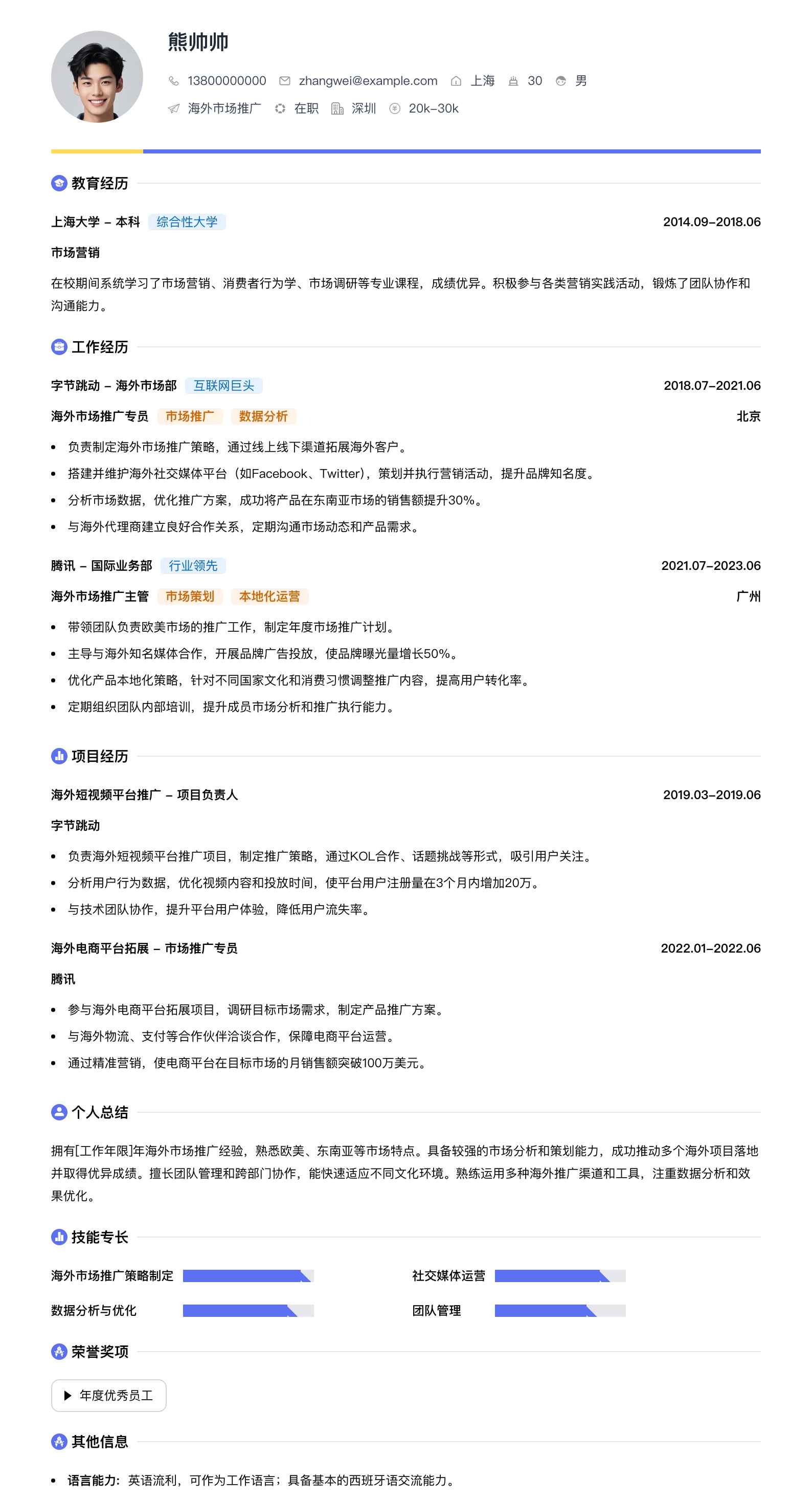 海外市场推广简历模板
