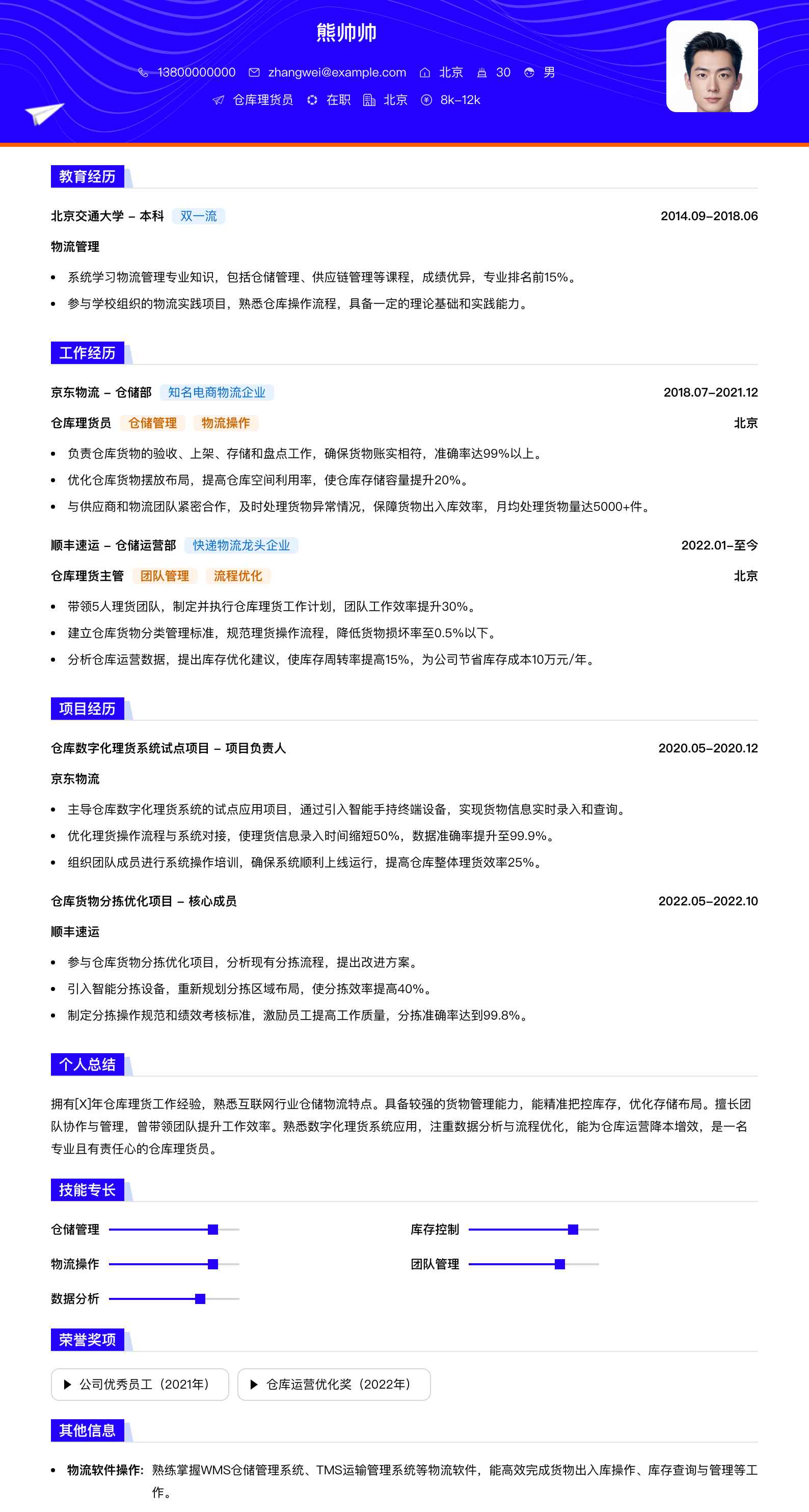 仓库理货员简历模板