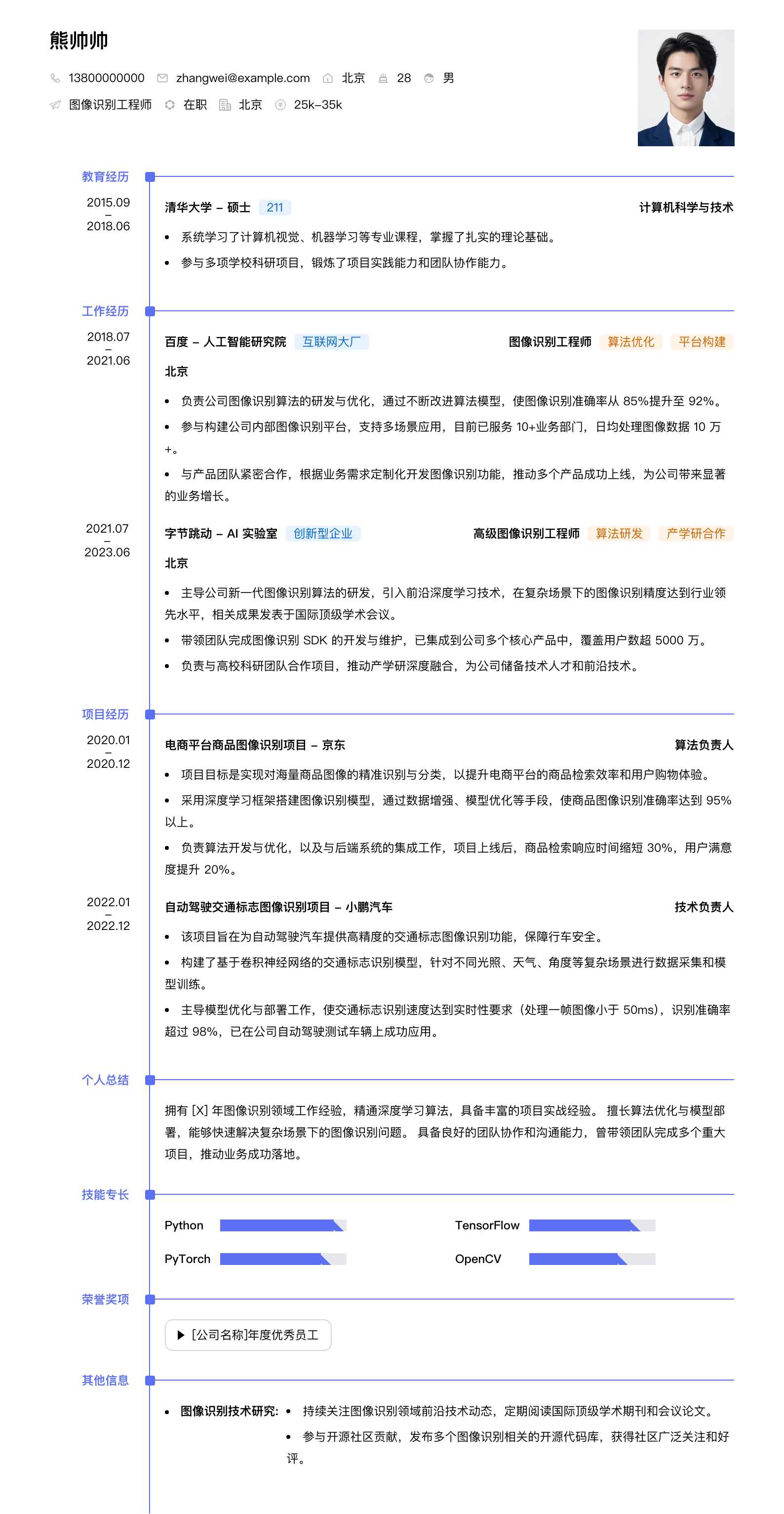 图像识别工程师简历模板