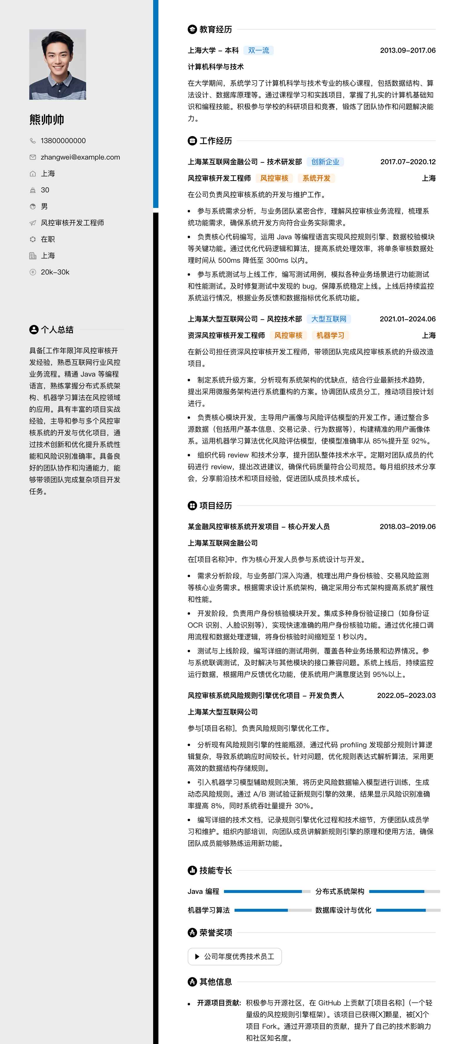 风控审核简历模板