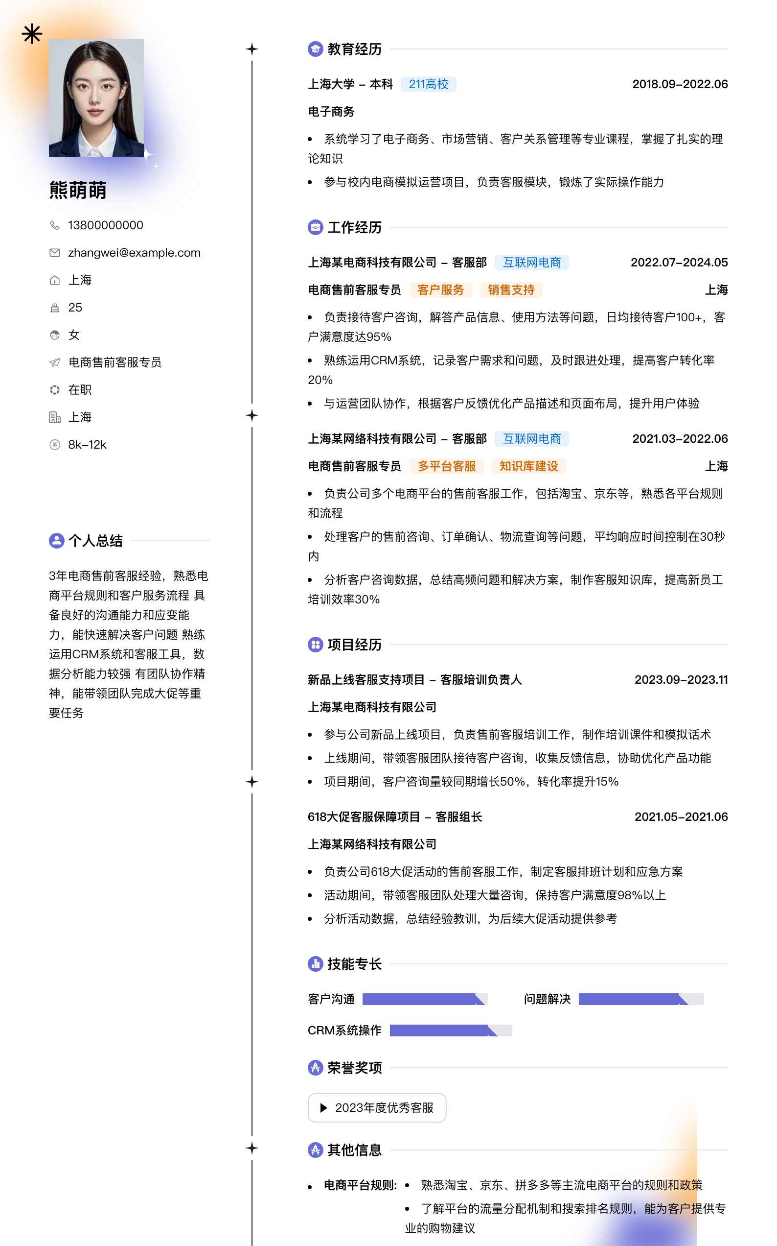 电商售前客服专员简历模板