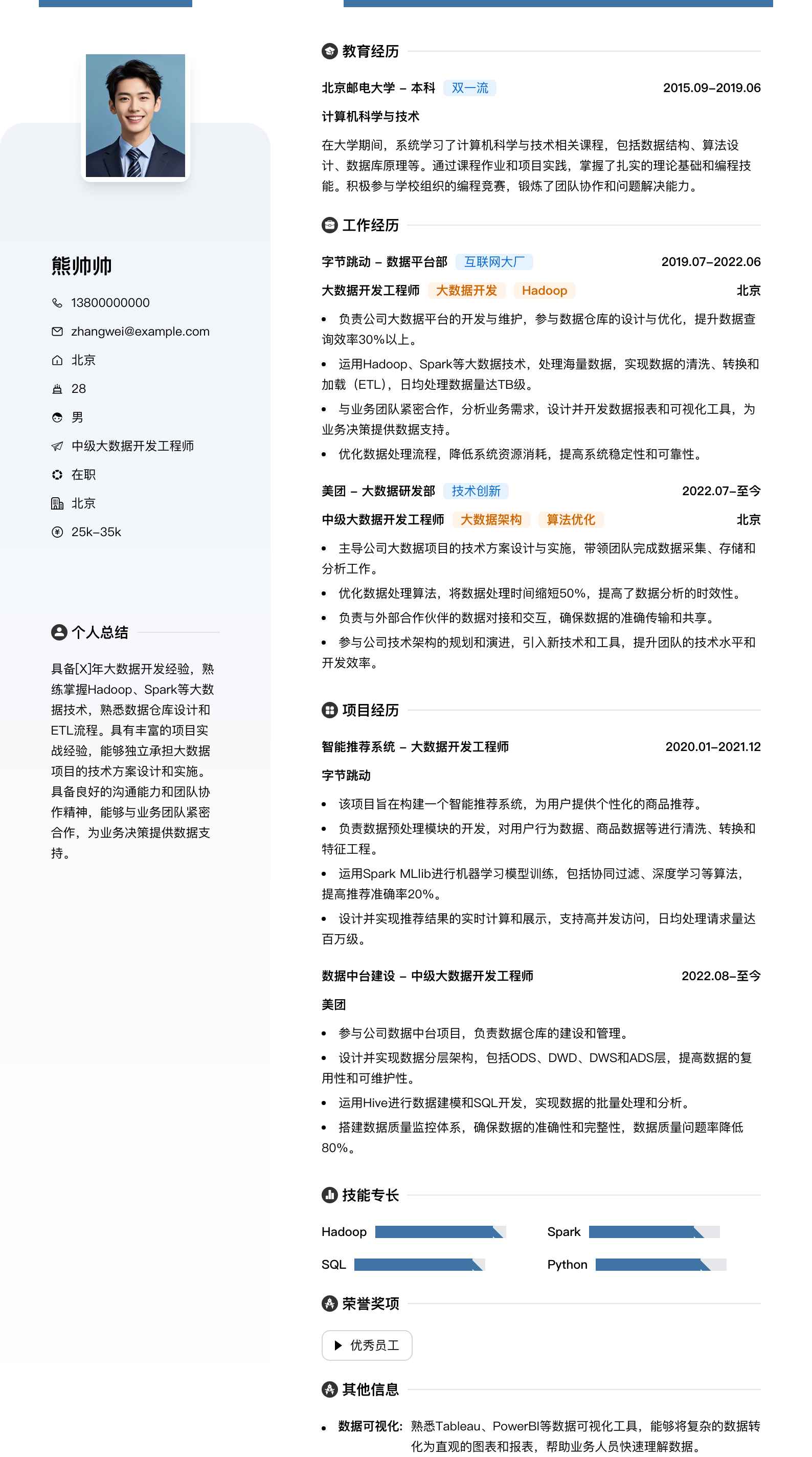 中级大数据开发工程师简历模板