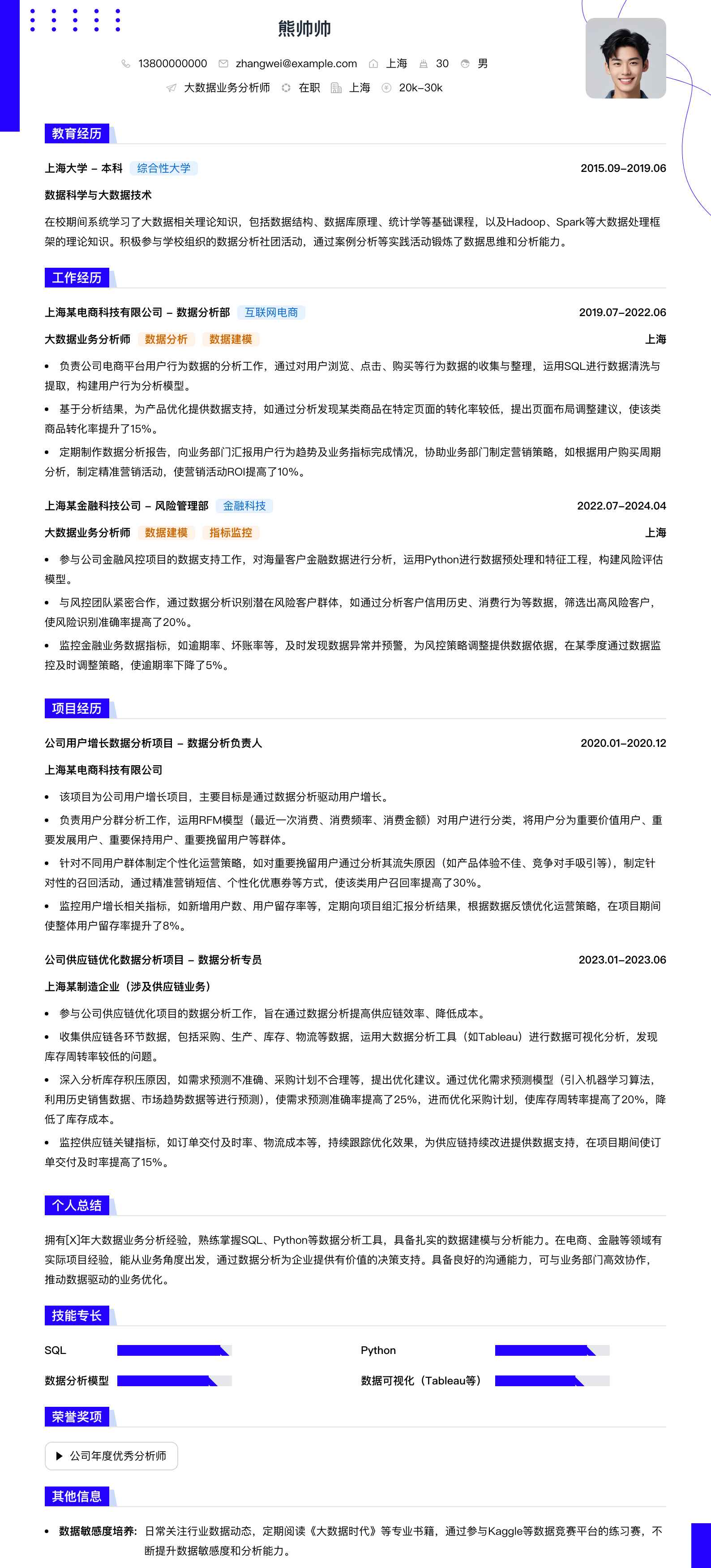 大数据业务分析师简历模板