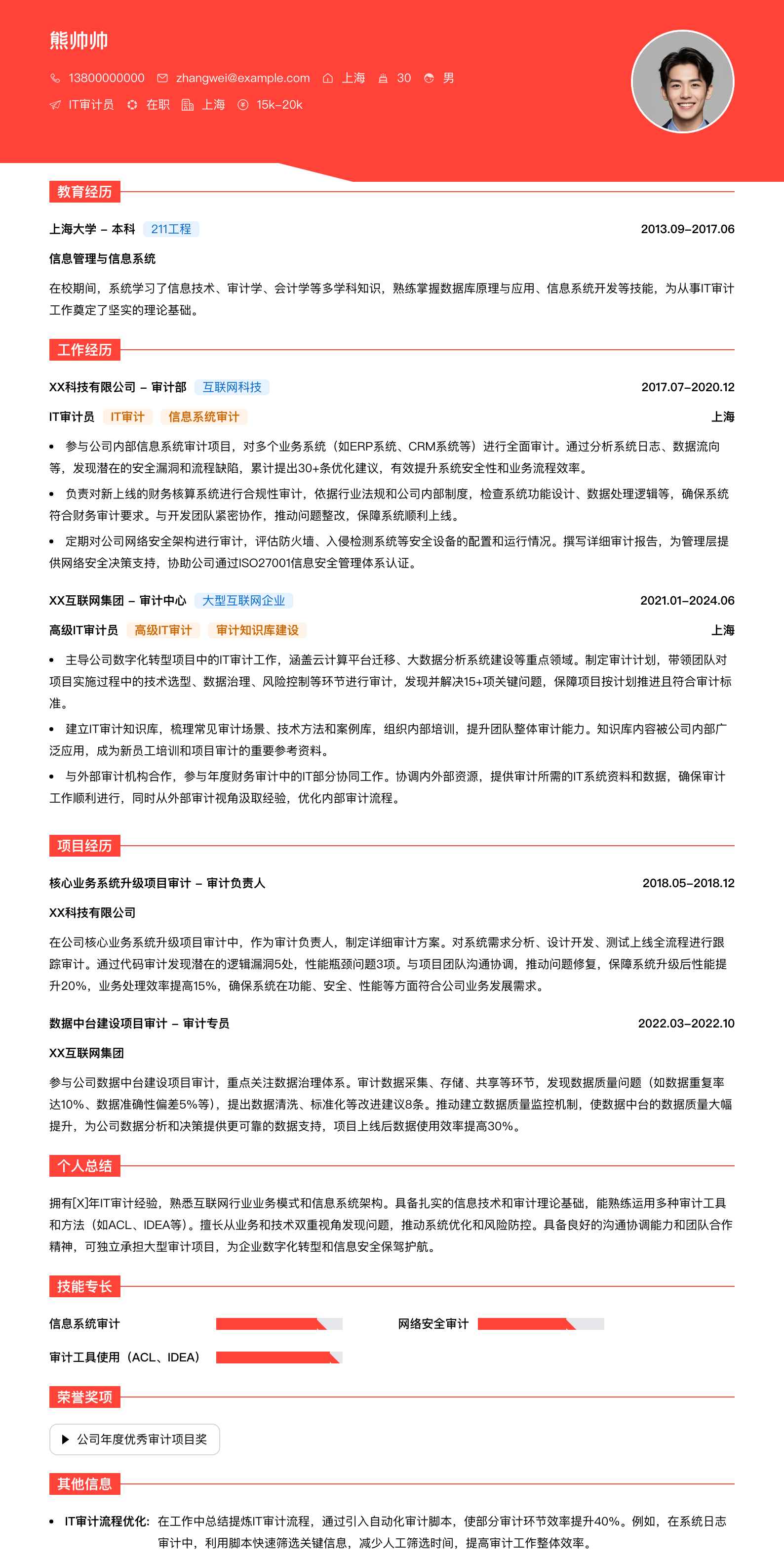 it审计员简历模板