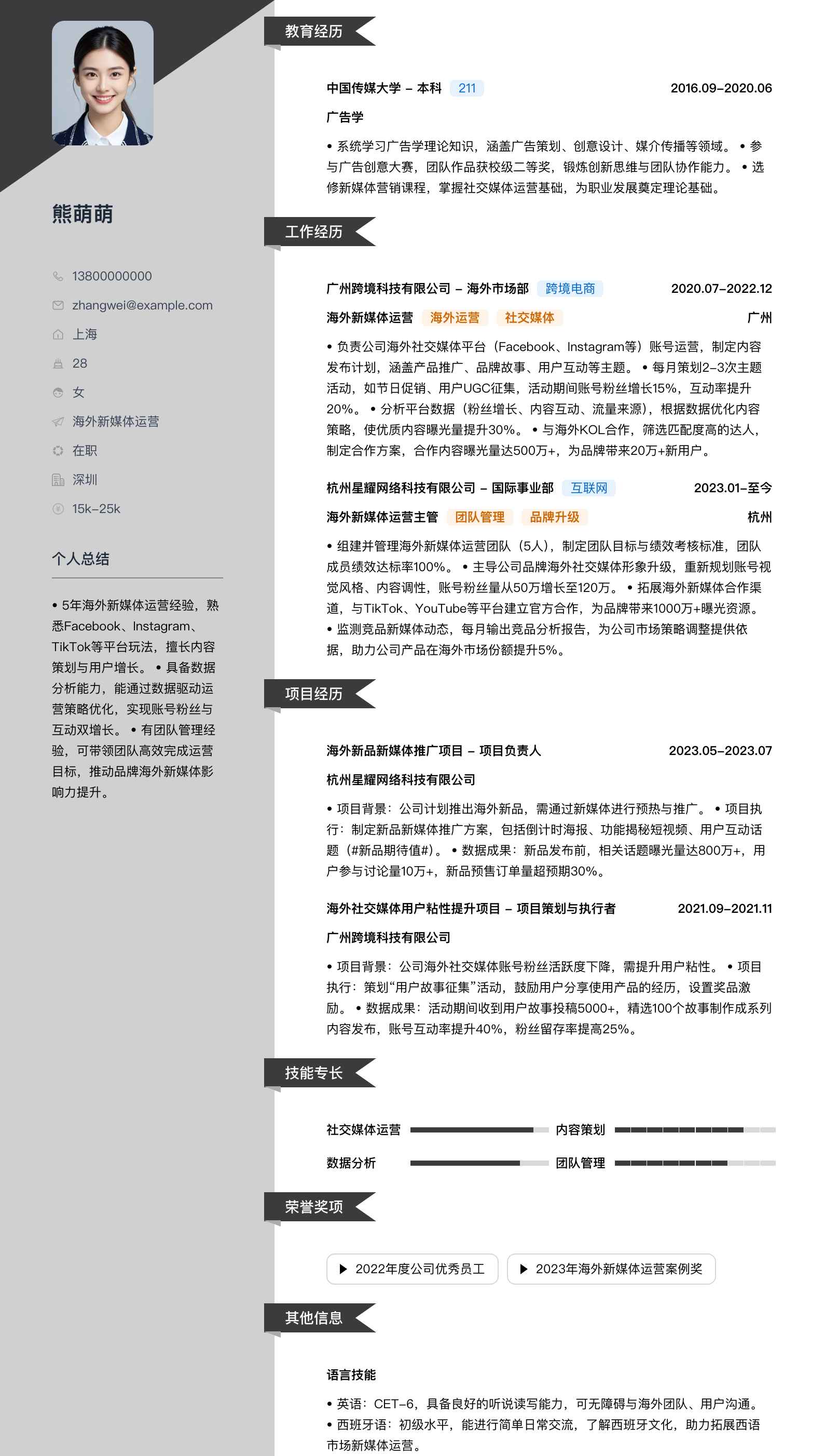 海外新媒体运营简历模板