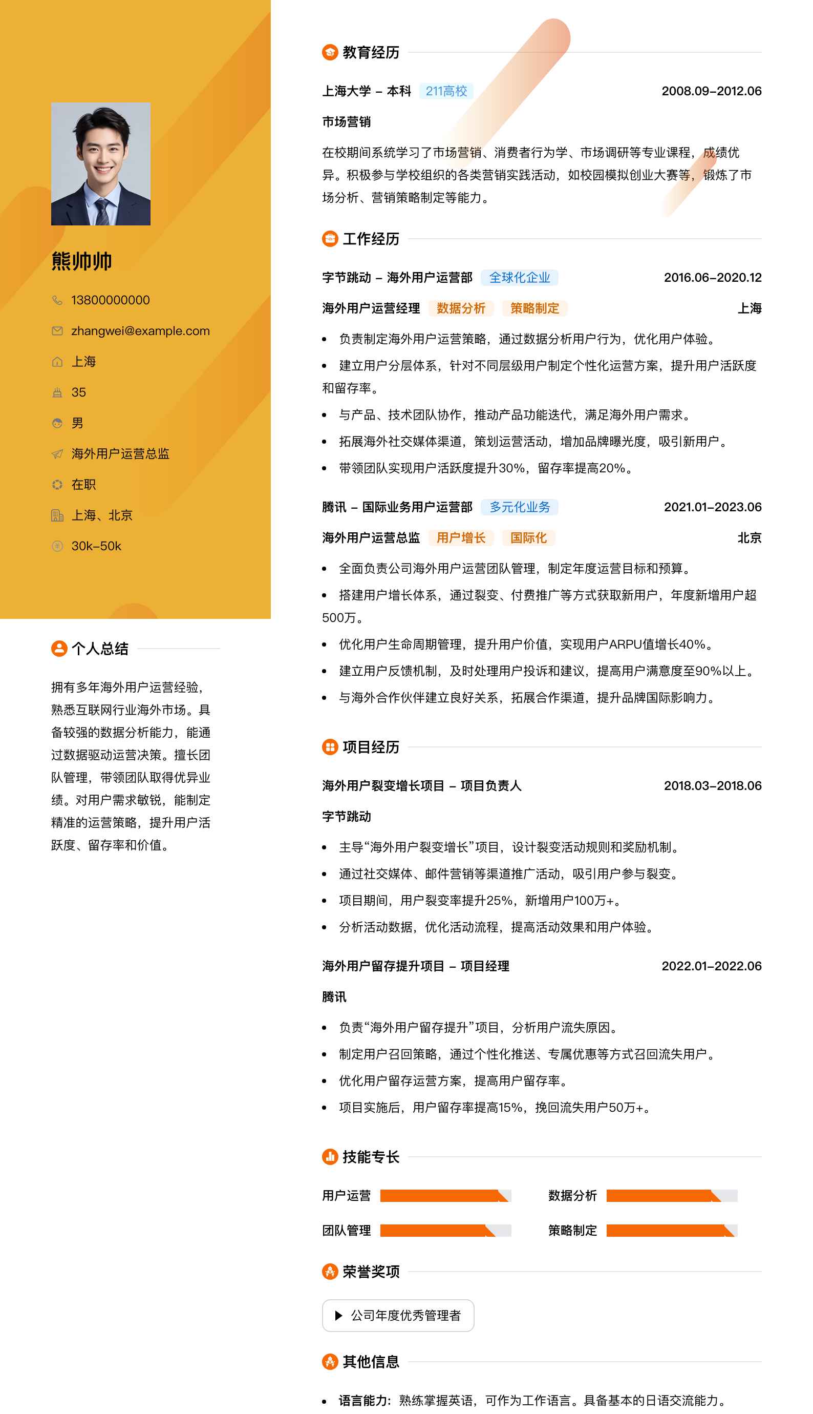 海外用户运营总监简历模板