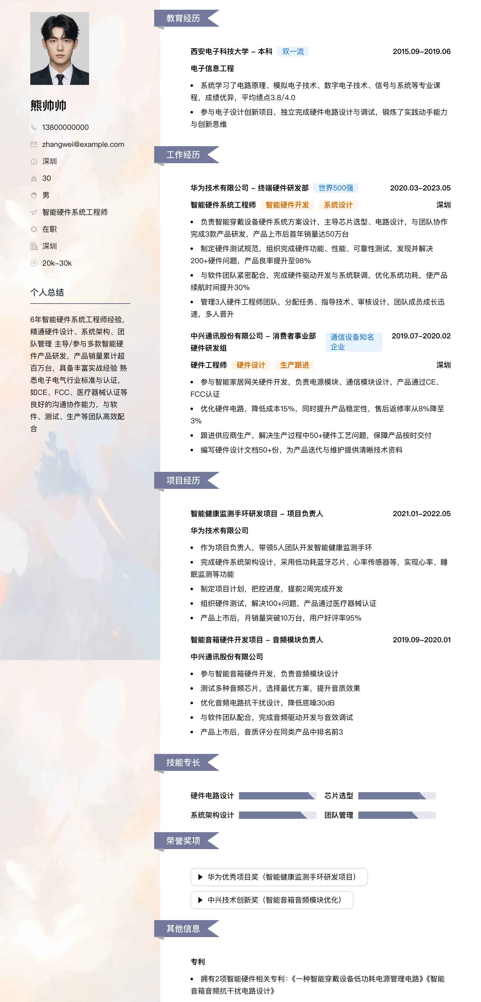 智能硬件系统工程师简历模板