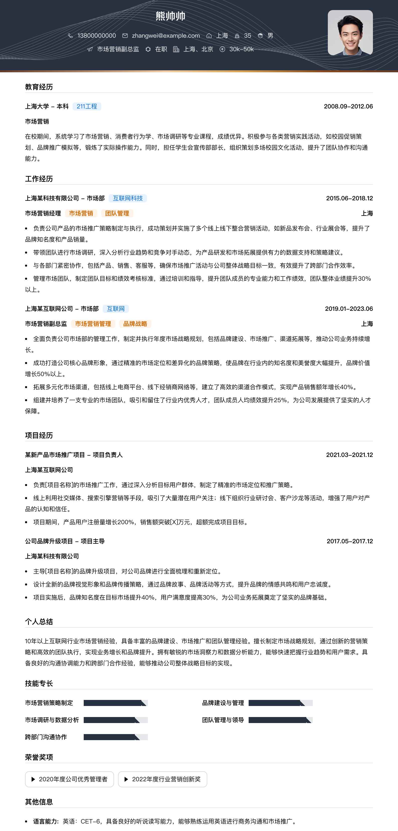 市场营销副总监简历模板