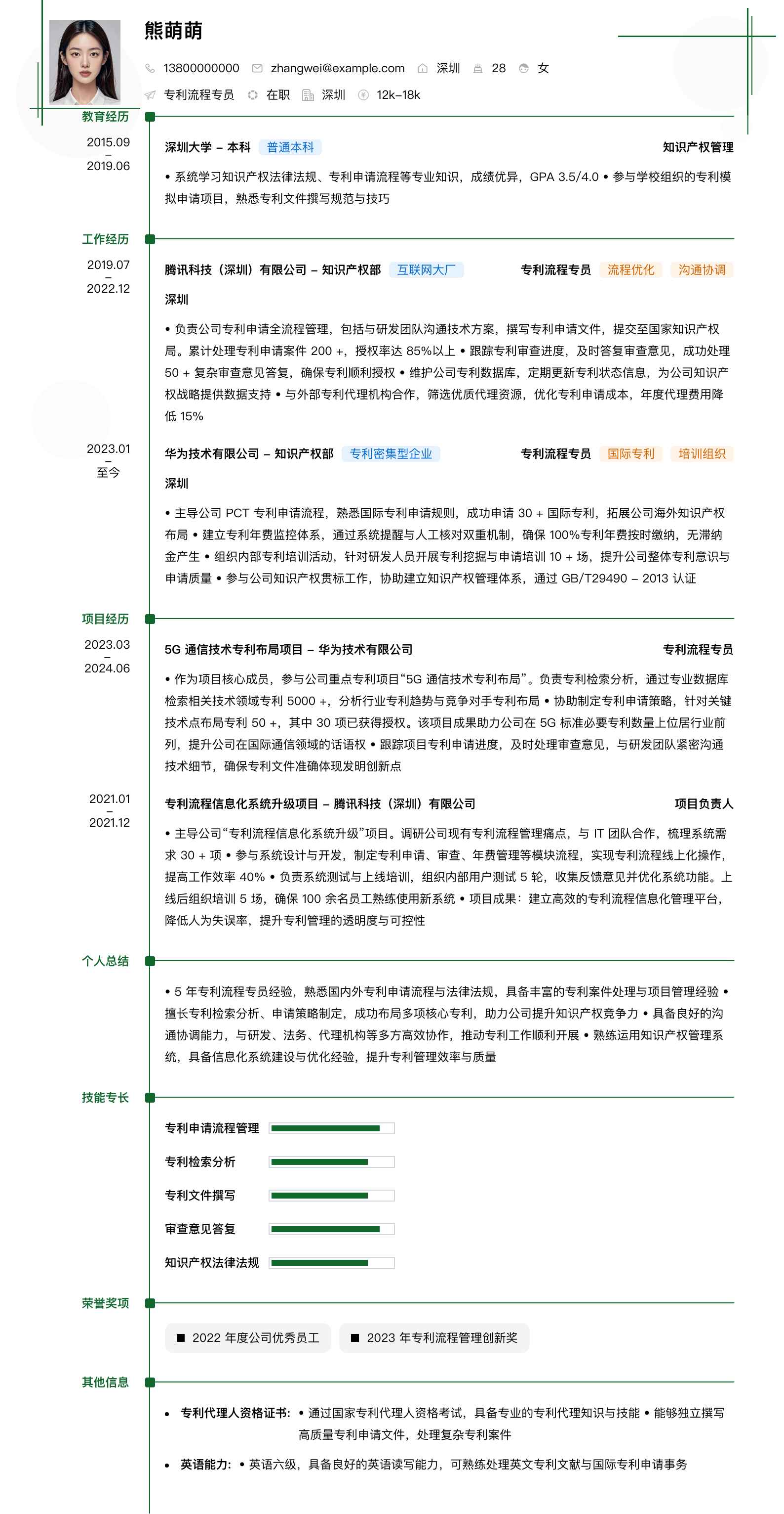 专利流程专员简历模板