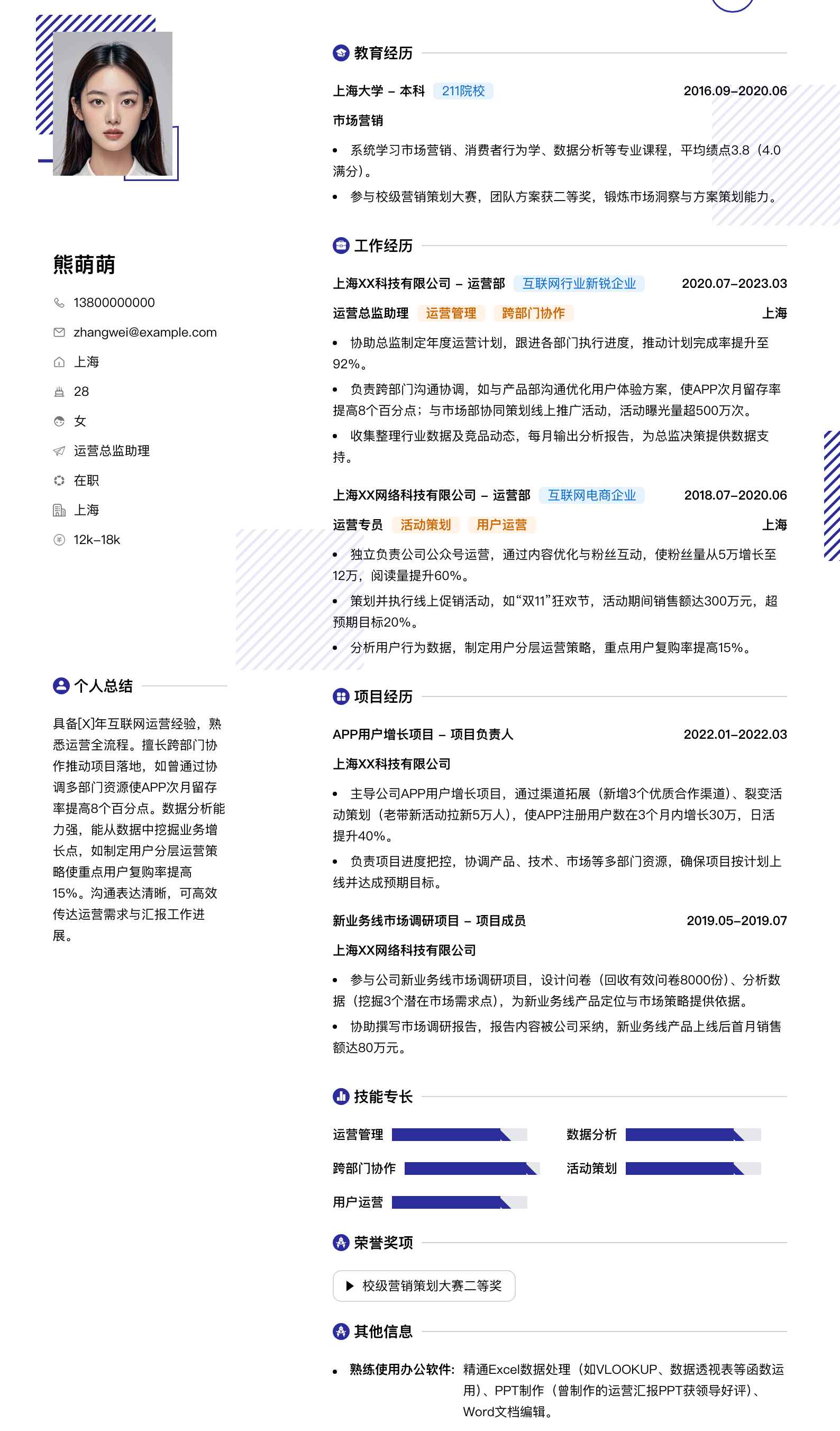 运营总监助理简历模板