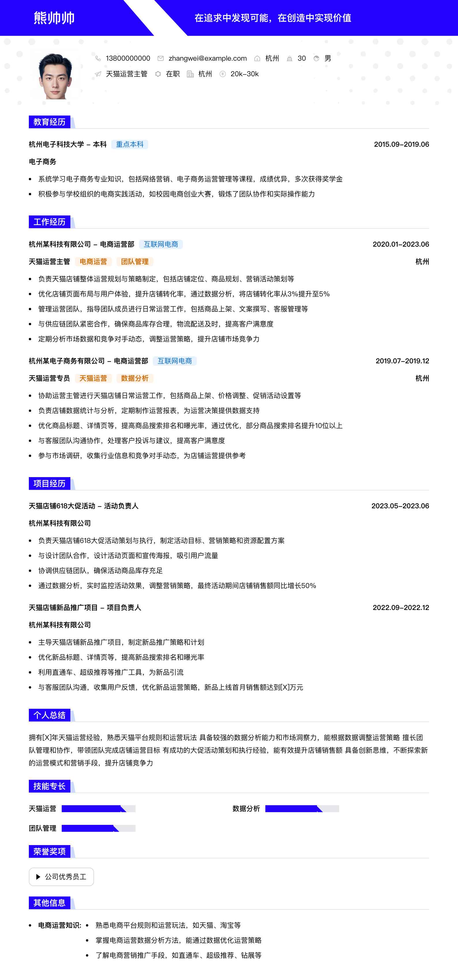 天猫运营主管简历模板