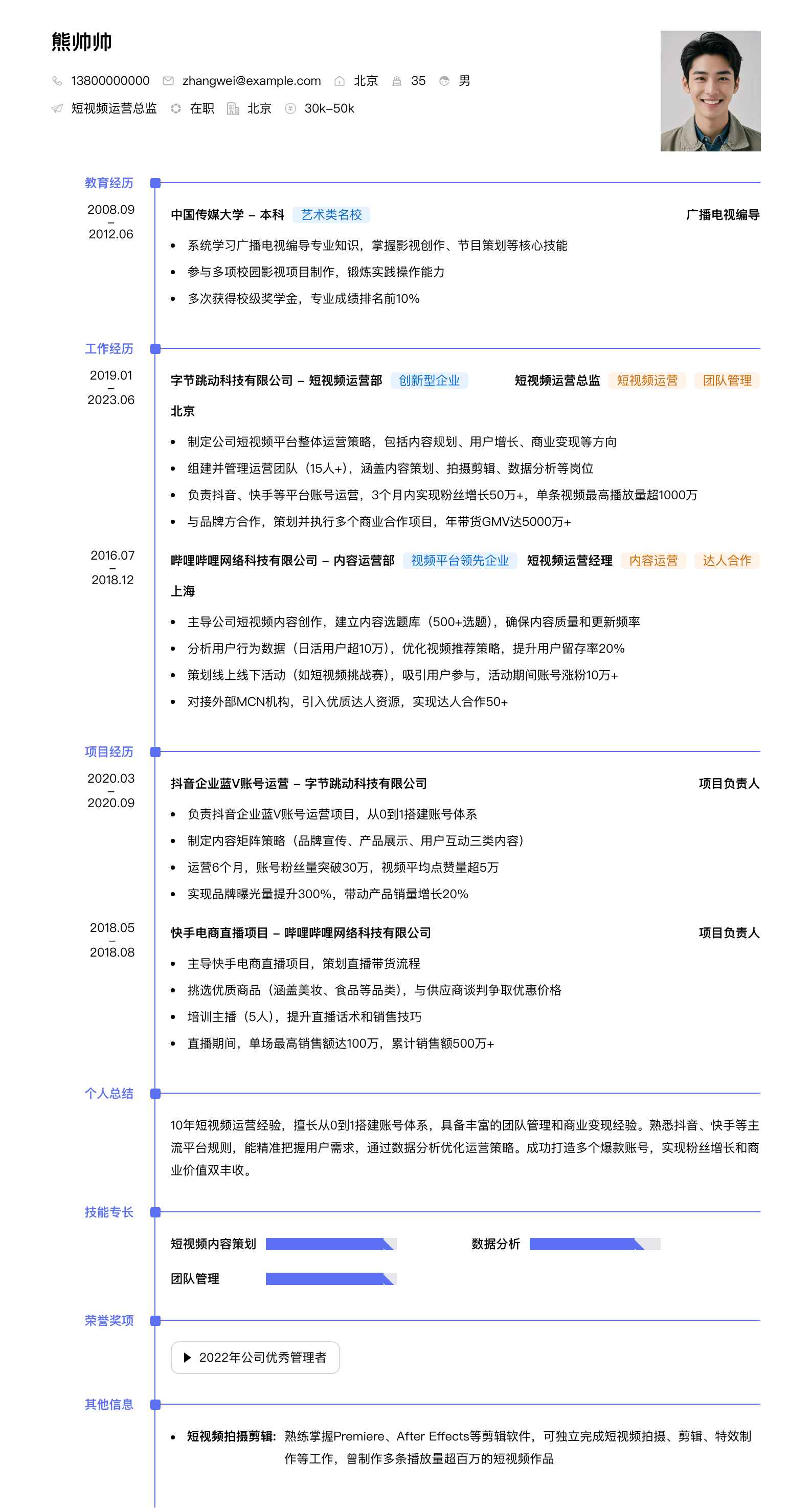 短视频运营总监简历模板