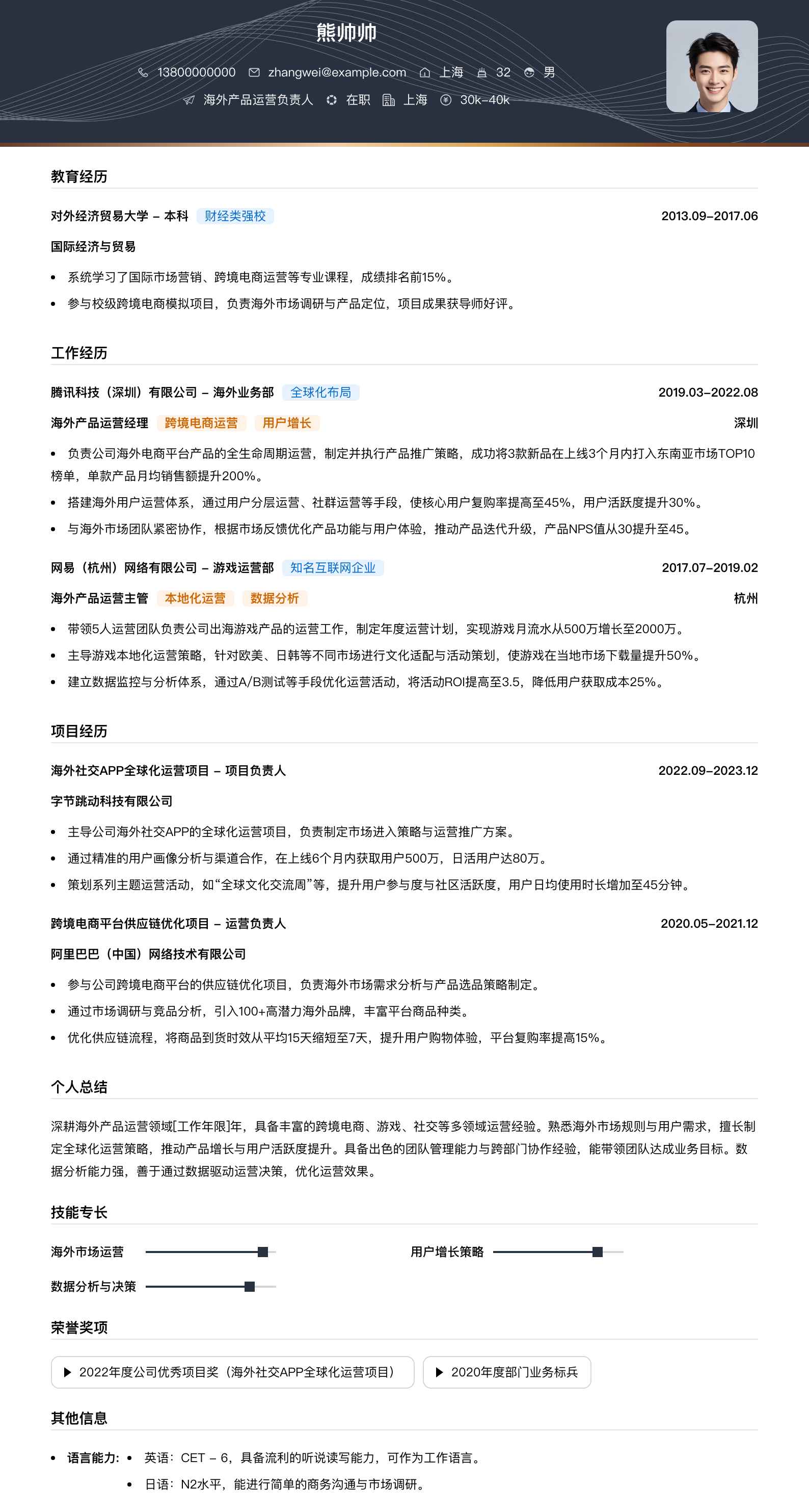 海外产品运营负责人简历模板