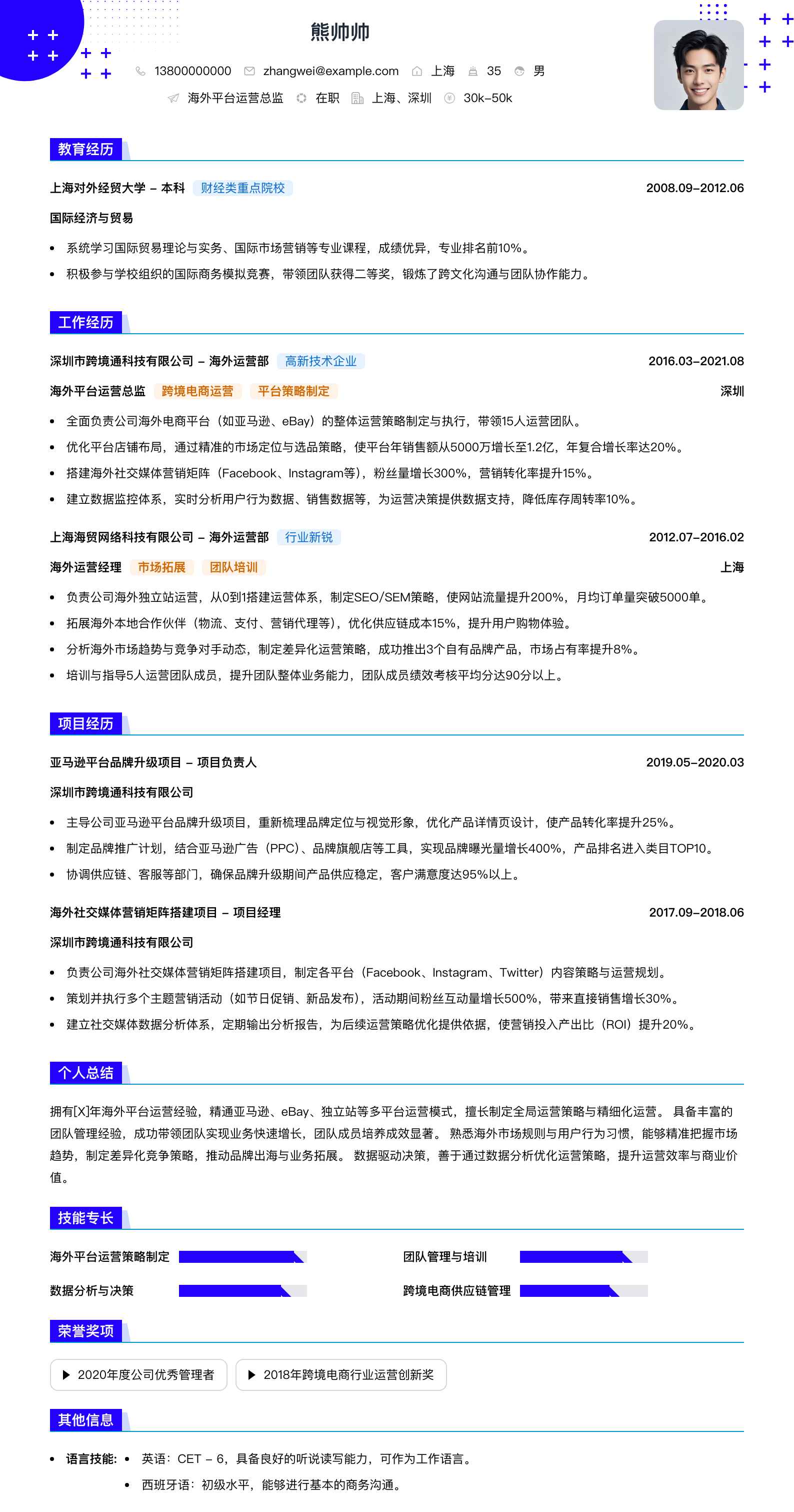 海外平台运营总监简历模板