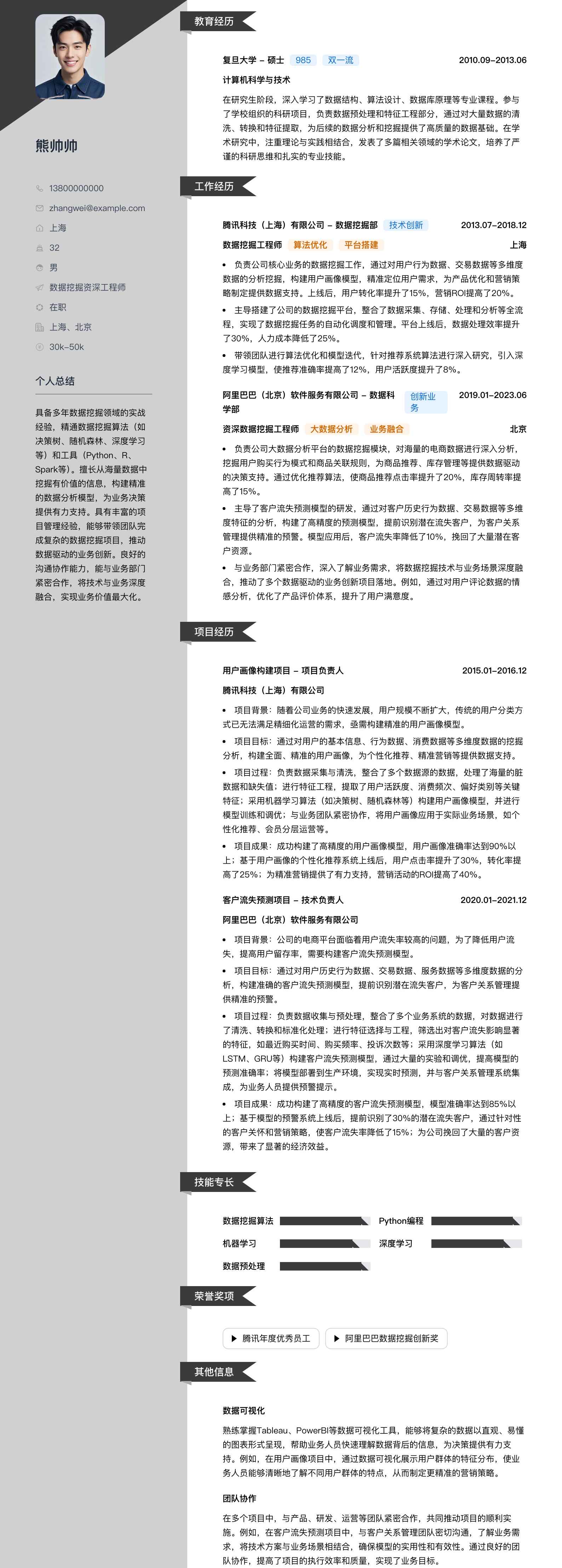数据挖掘资深工程师简历模板