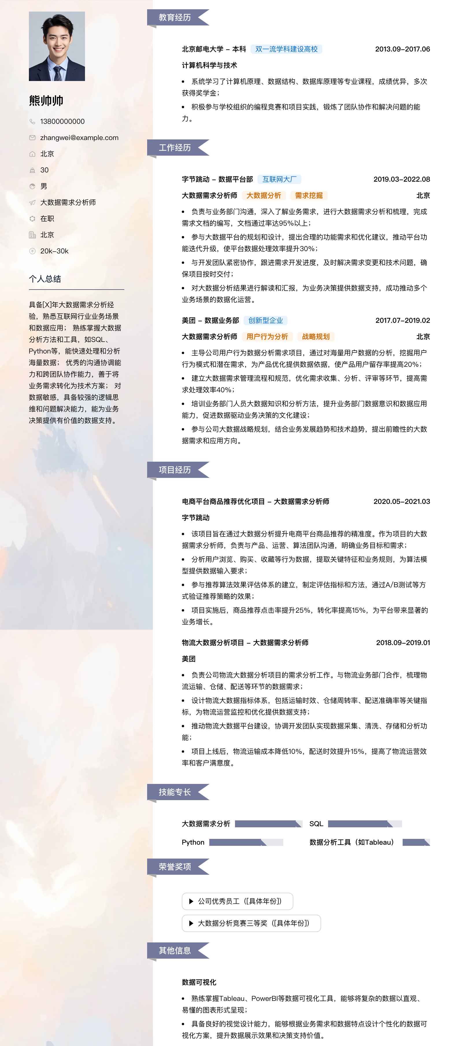 大数据需求分析师简历模板