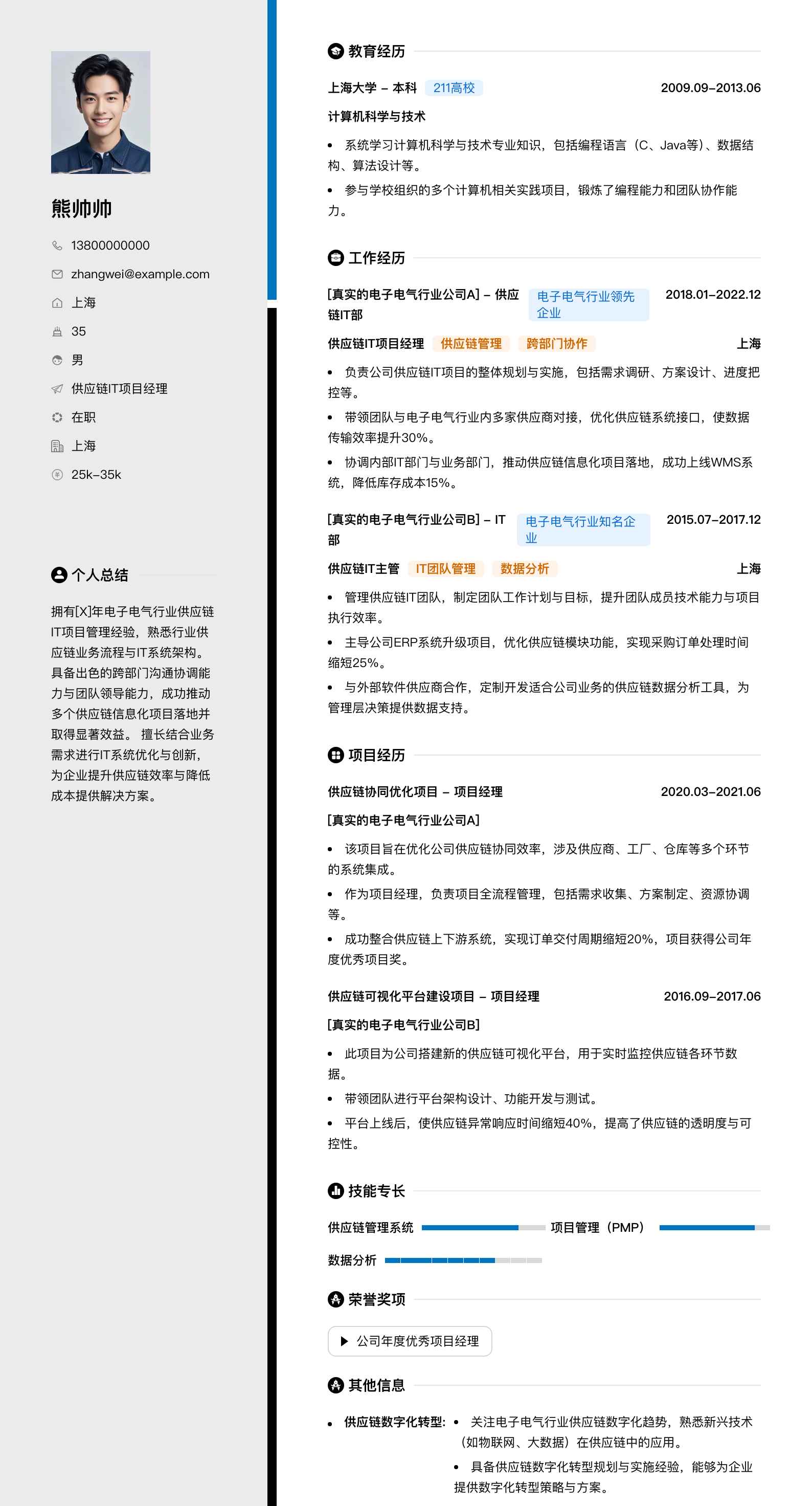供应链it项目经理简历模板