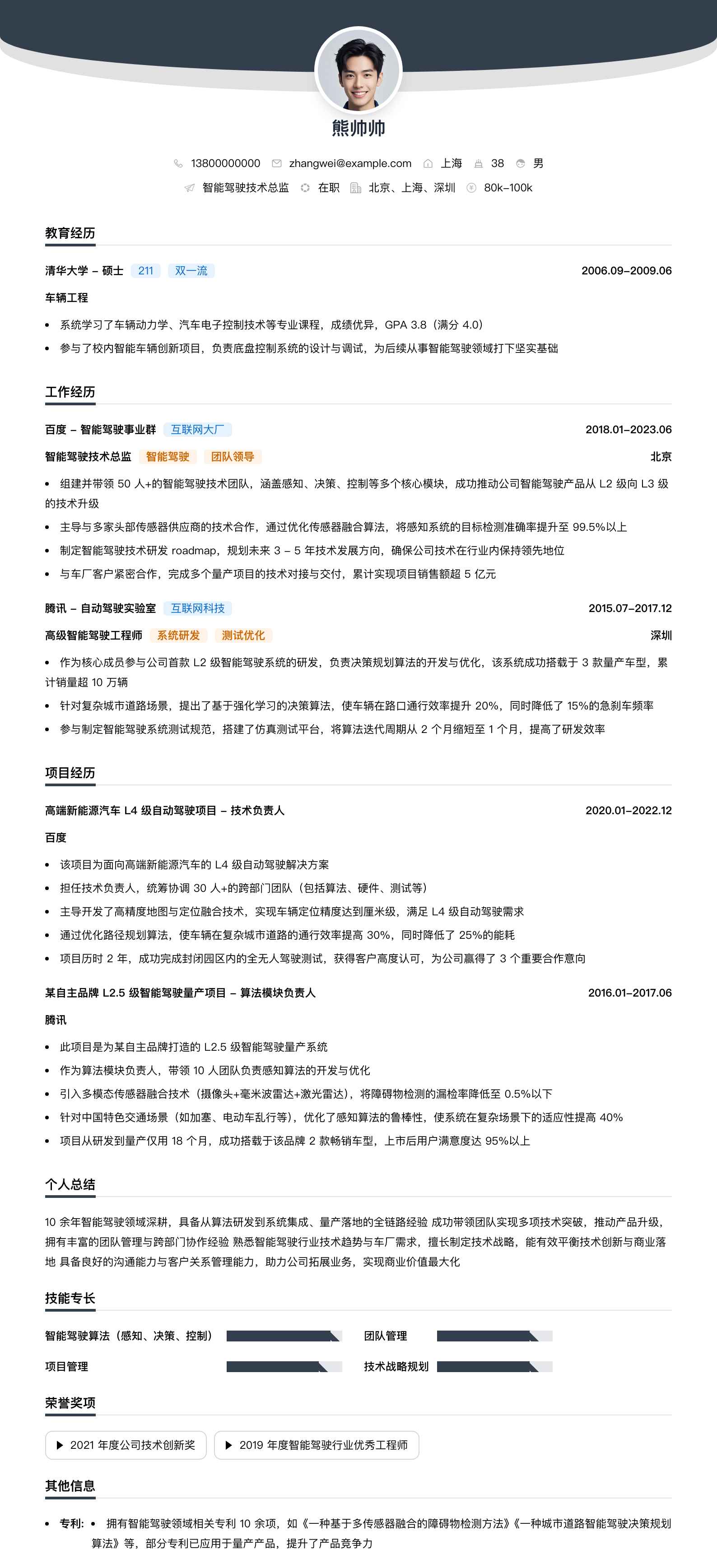 智能驾驶技术总监简历模板