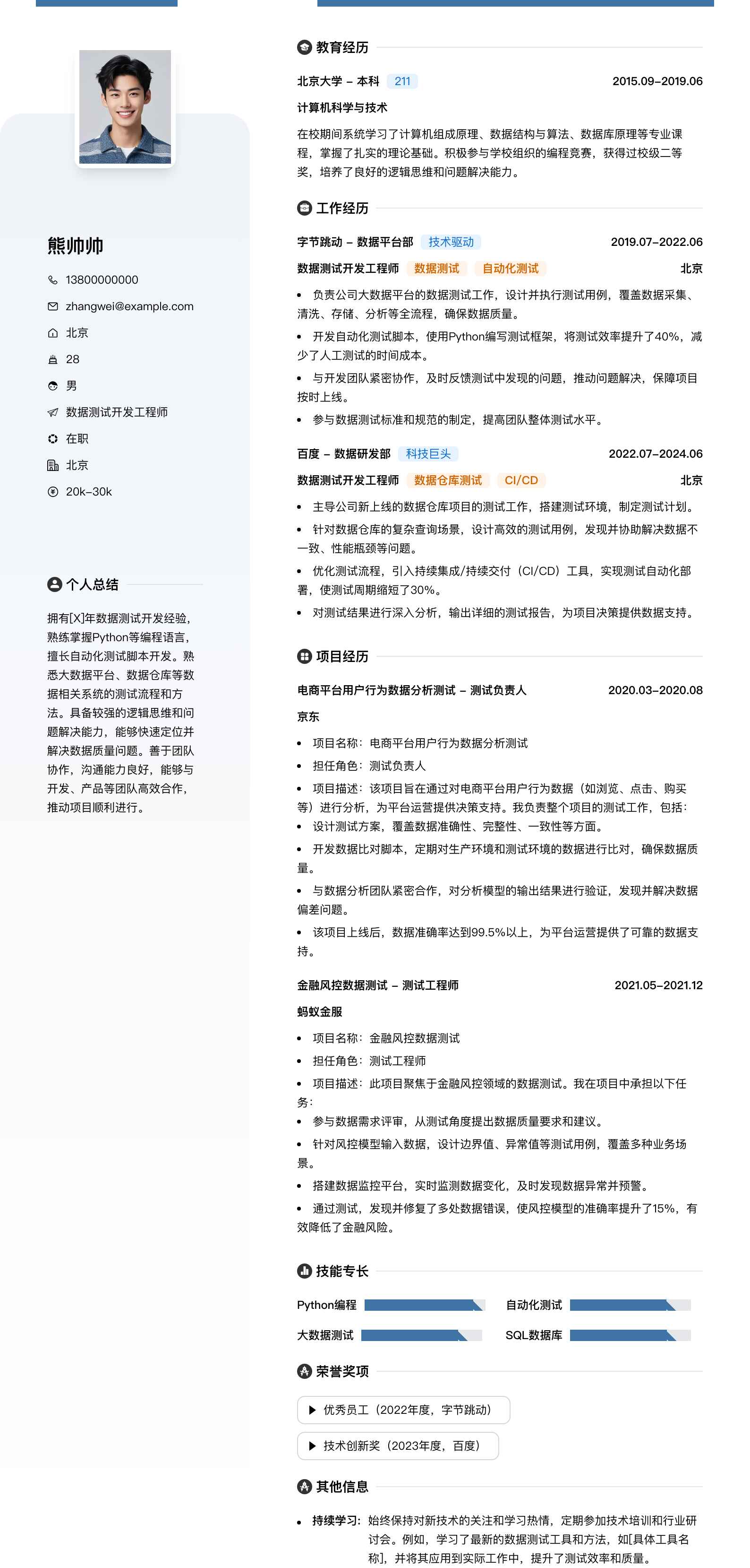 数据测试开发工程师简历模板