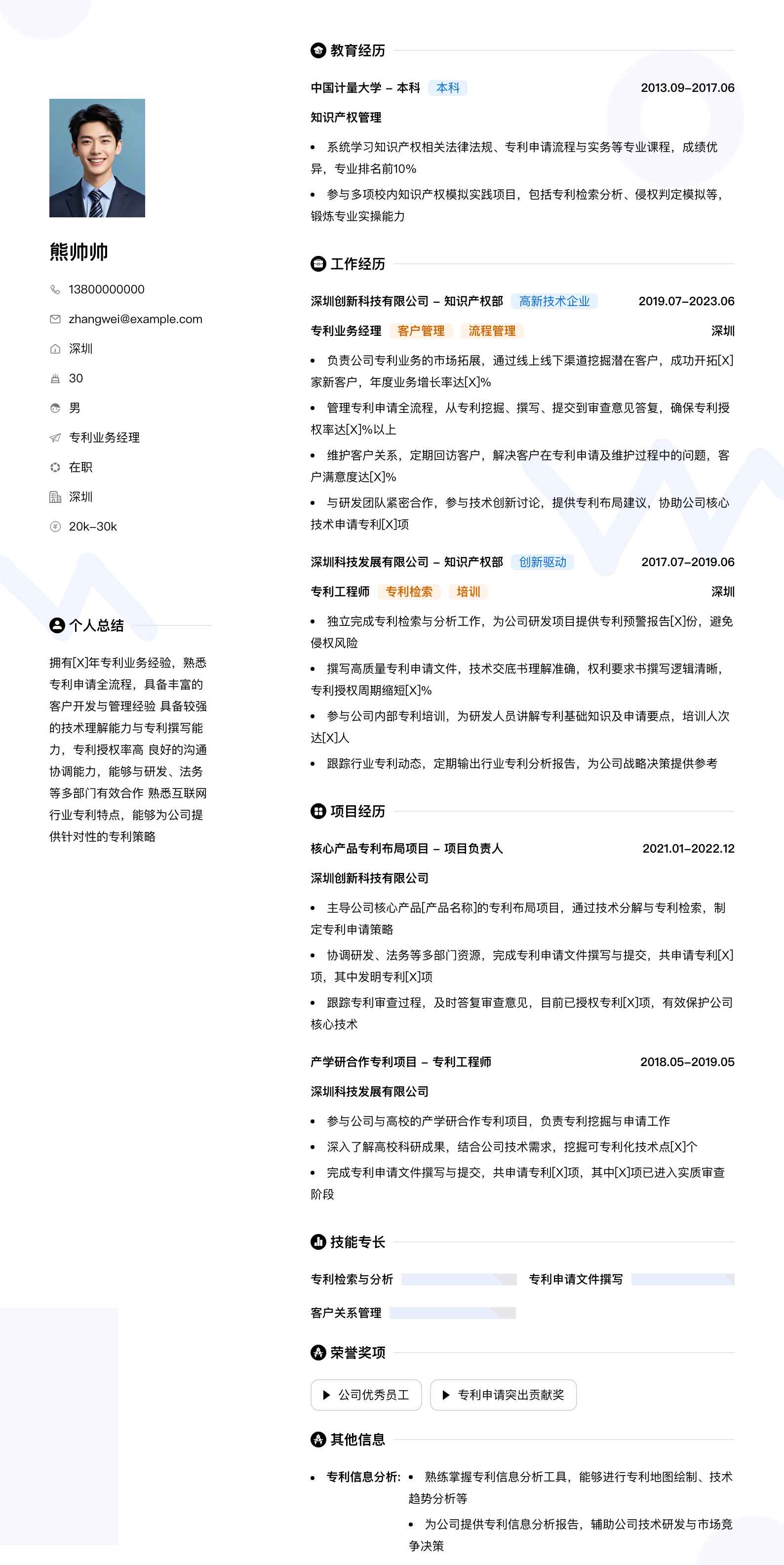 专利业务经理简历模板